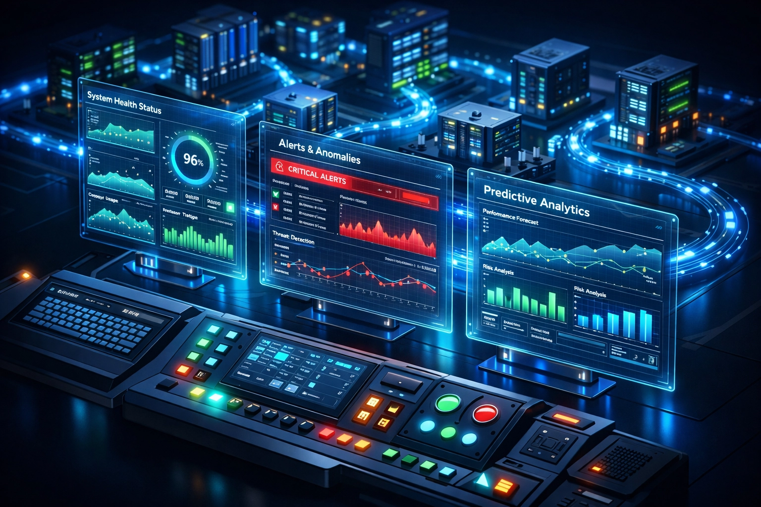 ServiceNow ITOM operations center monitoring real-time system health with AIOps predictive analytics