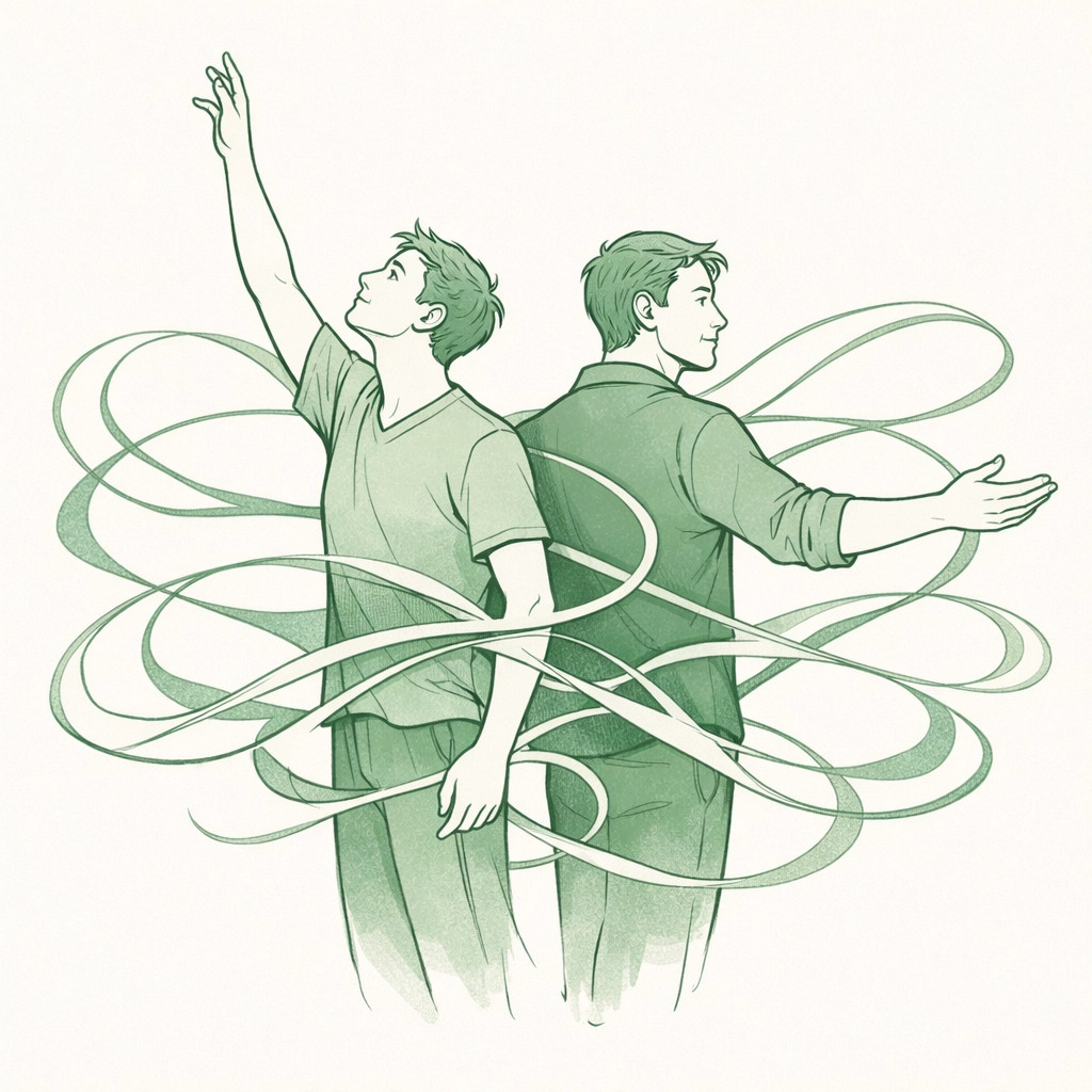 Two men connected by flowing lines symbolizing bisexual identity as expansion not division