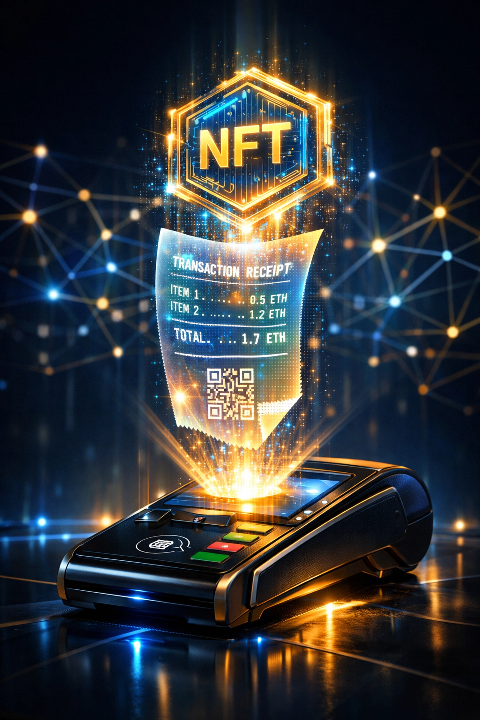 NFT receipt hovering above payment terminal illustrating Larecoin's blockchain-verified transaction documentation