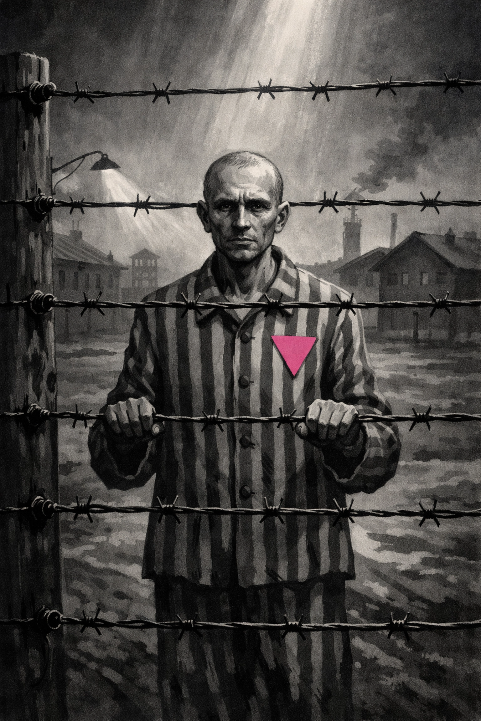 Pink triangle prisoner in Nazi concentration camp representing gay Holocaust victims