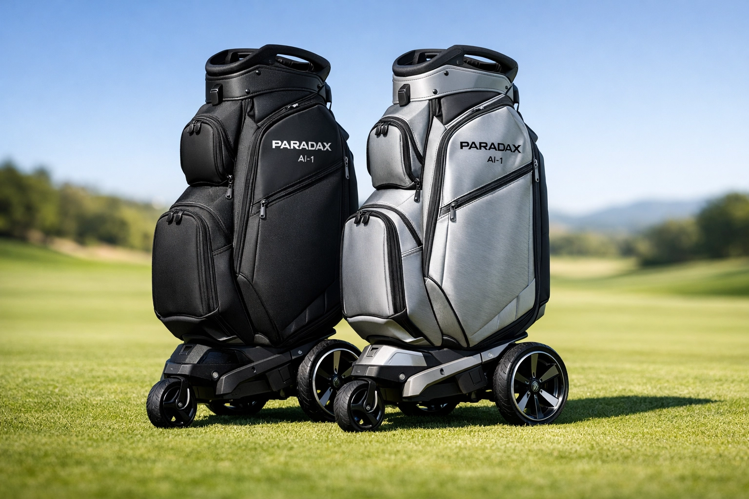 Innovative PARADAX AI-1 all in one golf bags in black and silver standing on a professional golf course.
