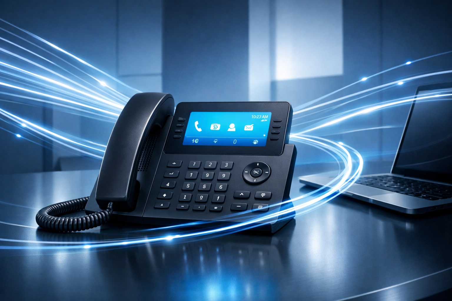 Modern VoIP desk phone with internet connectivity for small business