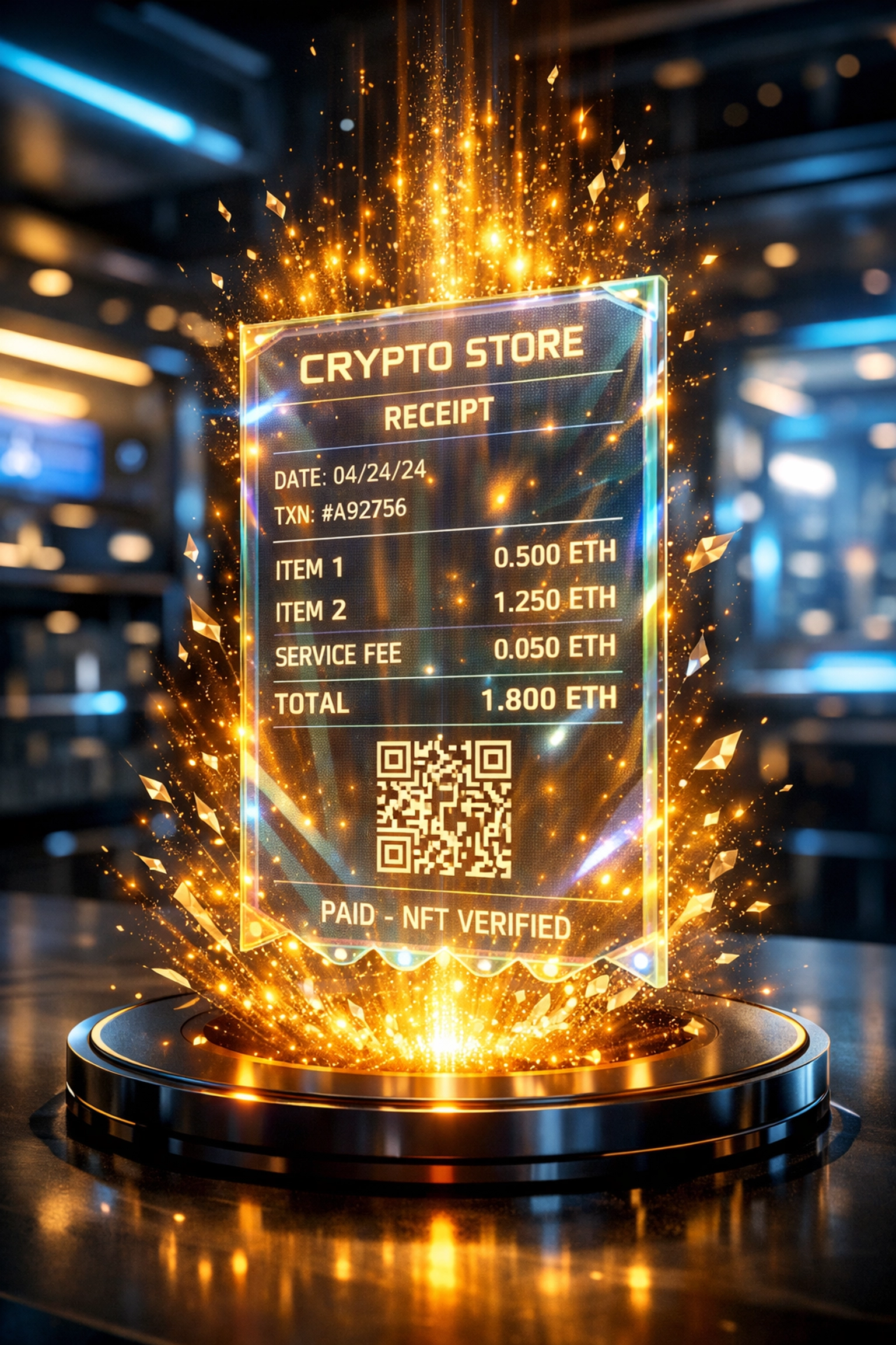 A glowing holographic NFT receipt being minted for automated blockchain accounting and merchant records.
