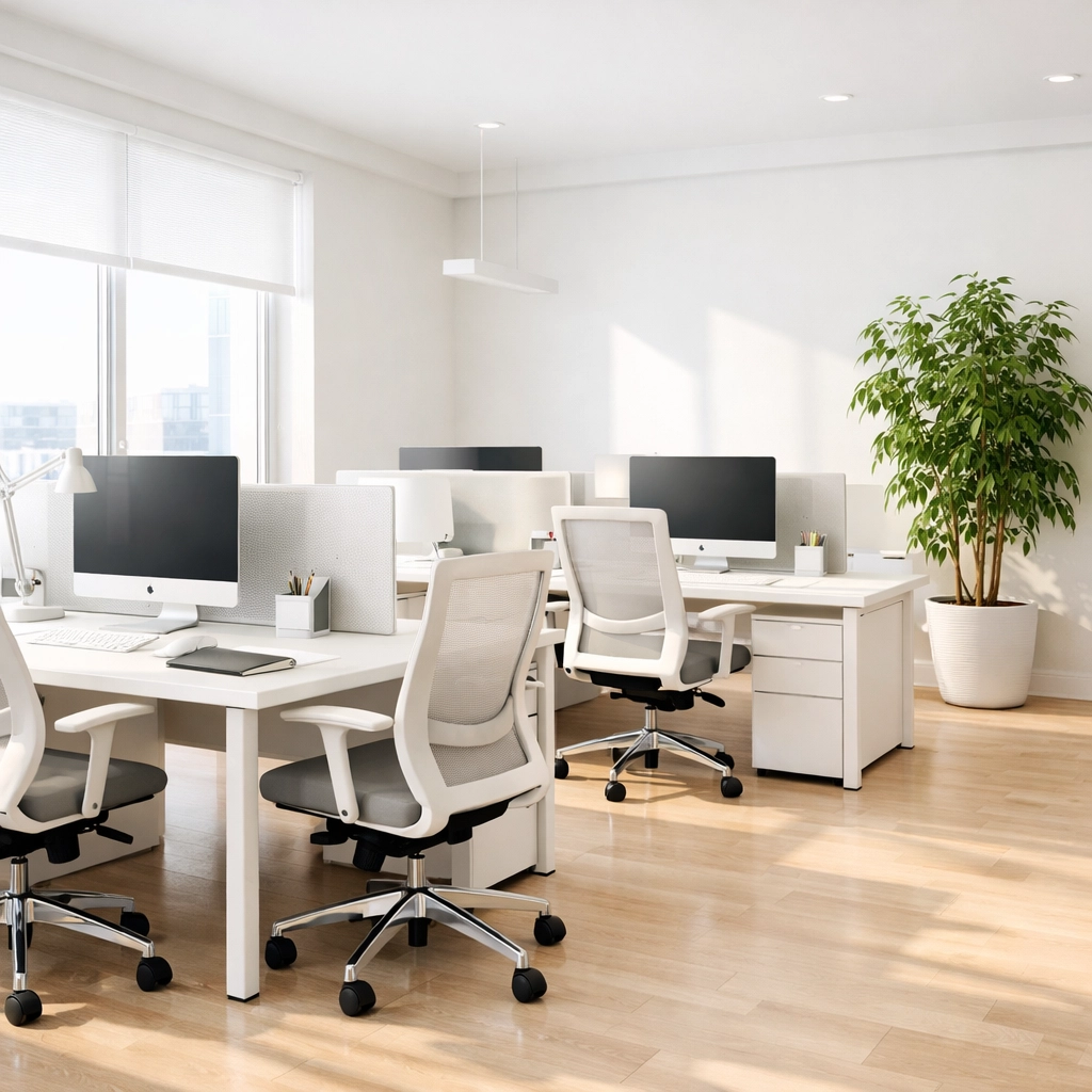 Bright, sanitized open-plan office in Indianapolis featuring clean minimalist desks and green plants.