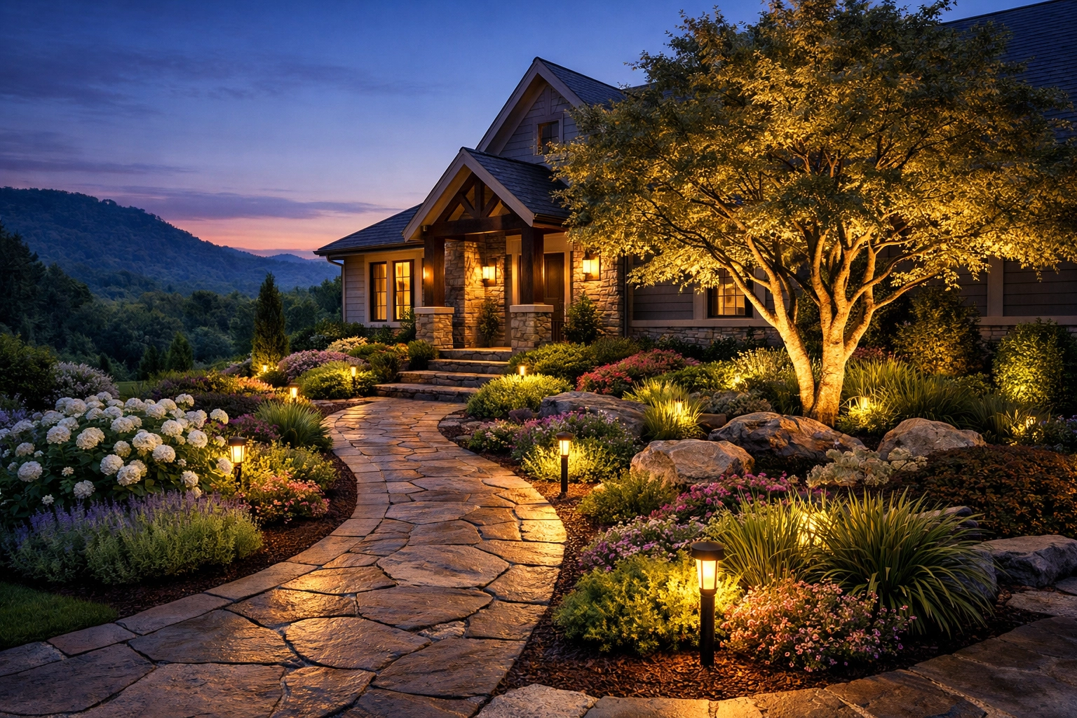 Premium landscape design with outdoor lighting and stone pathways for a Tennessee valley home.