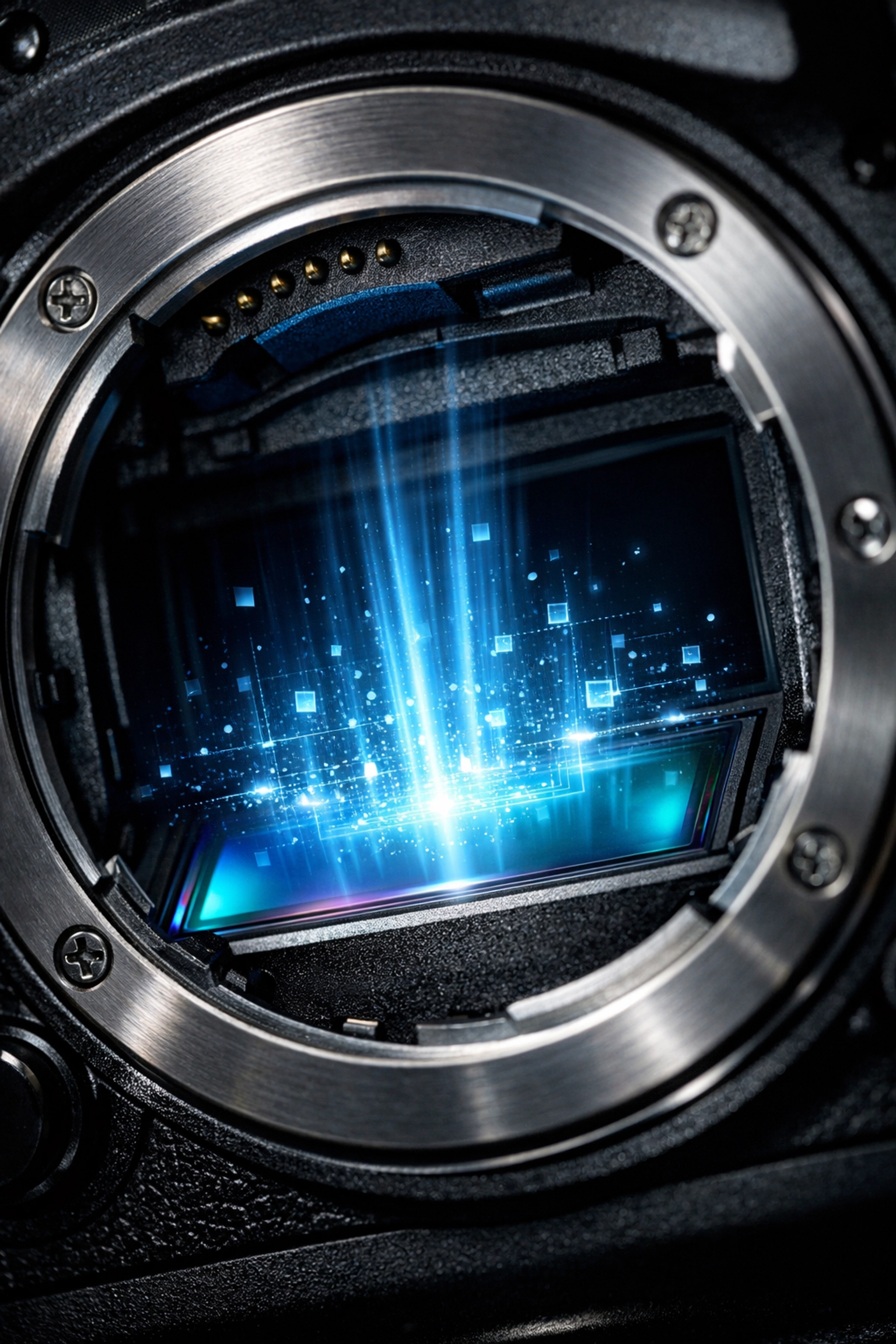 Mirrorless camera sensor showing digital data for camera gear reviews and latest photography news updates.