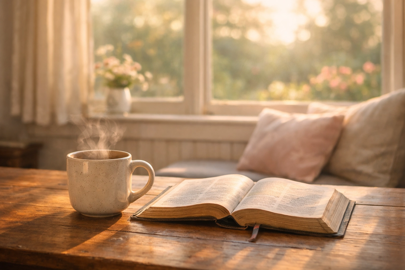 An open Bible and a warm mug in a sun-drenched room, symbolizing a peaceful response to the news.
