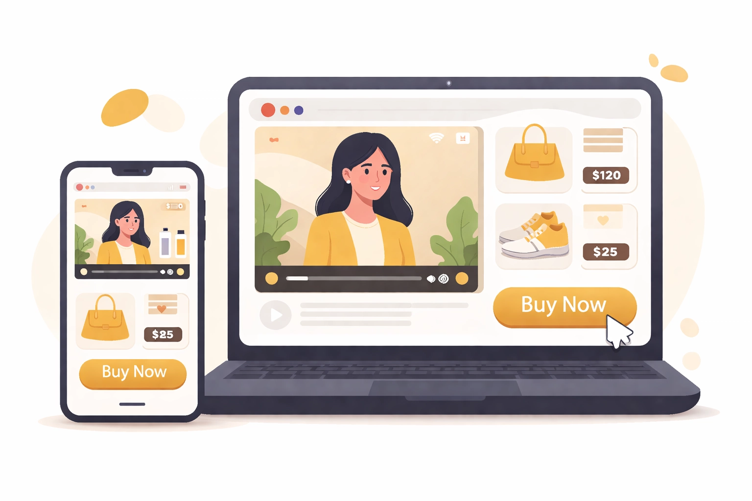 Smartphone and laptop showing live shopping platform with shoppable video and buy button for online sales