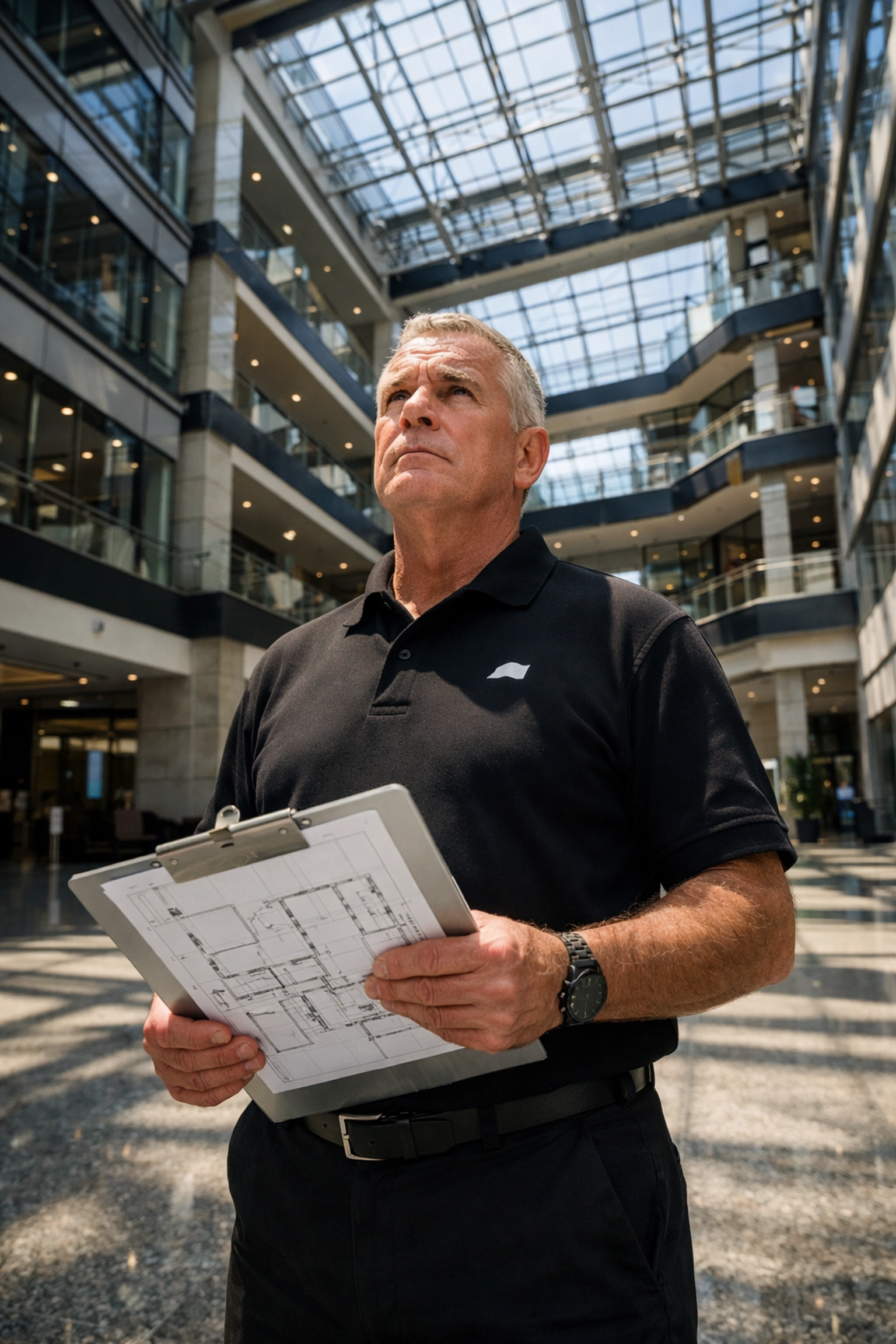 Property maintenance company supervisor reviewing building blueprints for a facility safety audit.