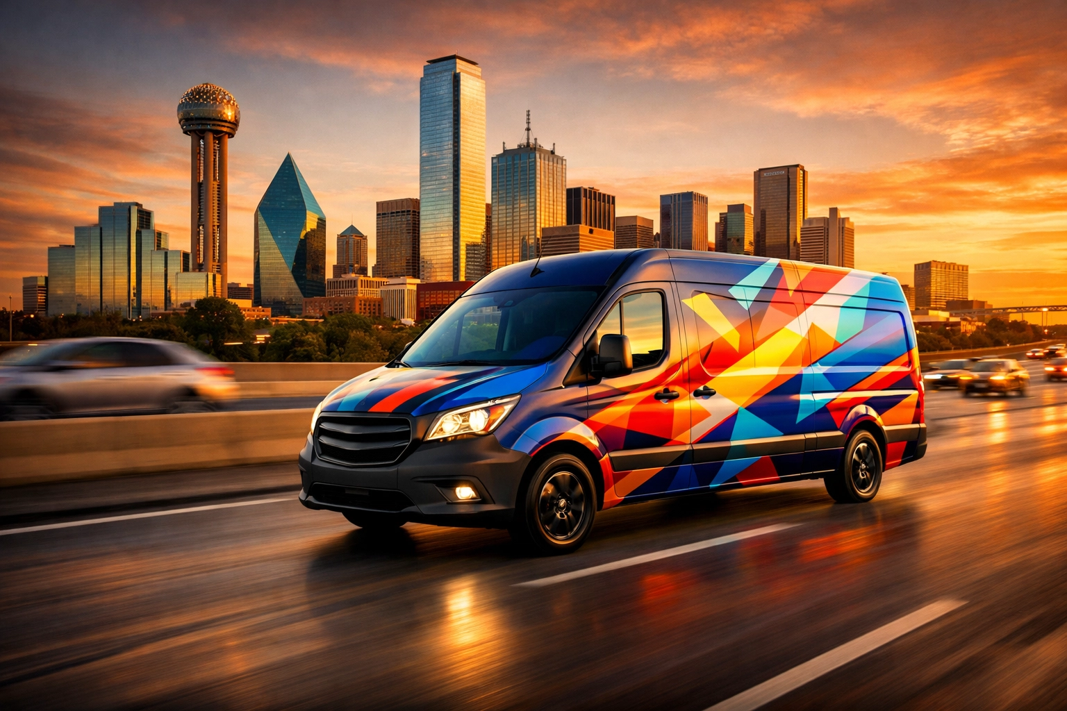 Branded van with a custom wrap traveling through high-traffic DFW routes to maximize mobile advertising.