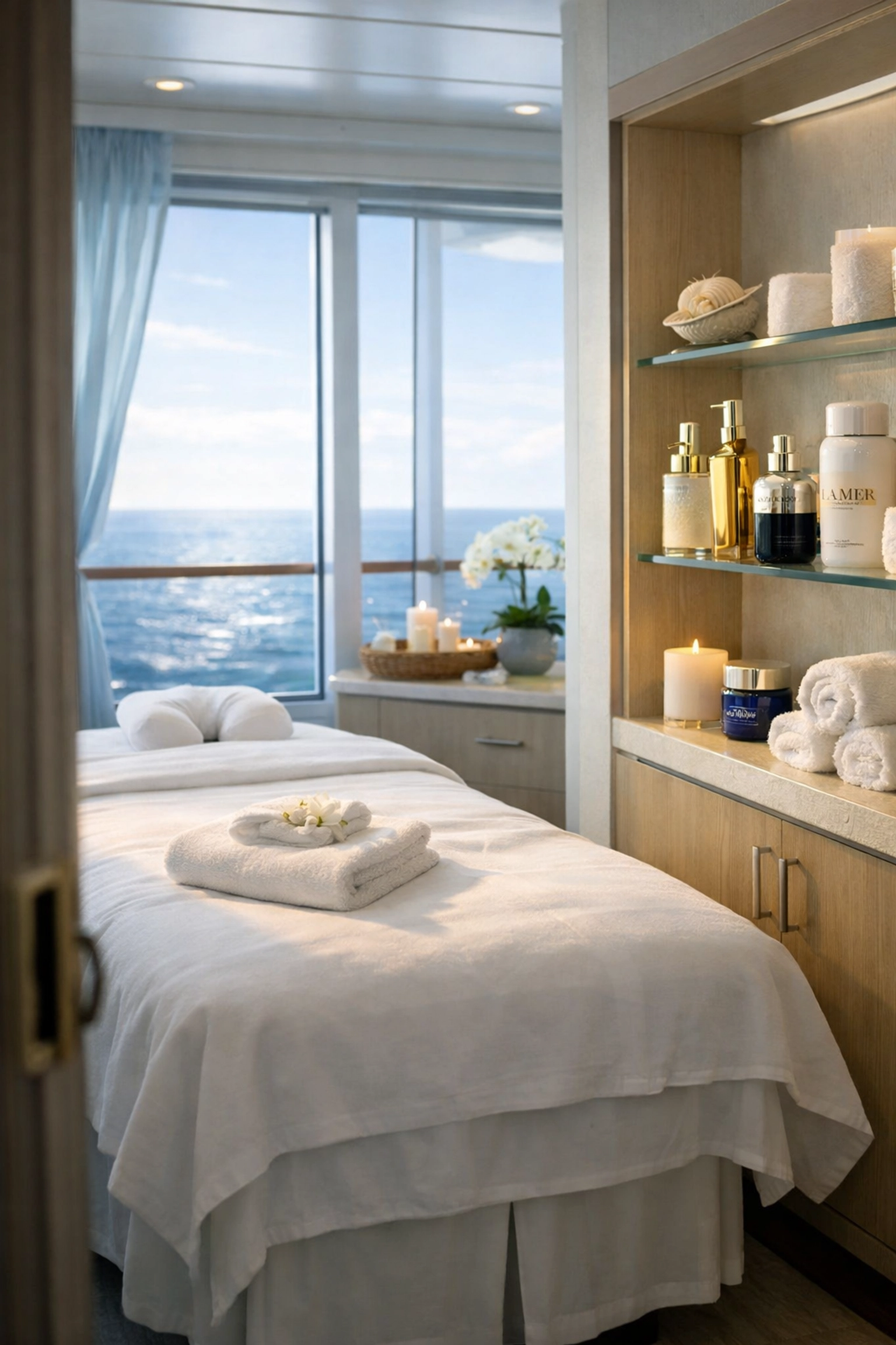 Luxury cruise spa massage room with expensive skincare products on display for sale