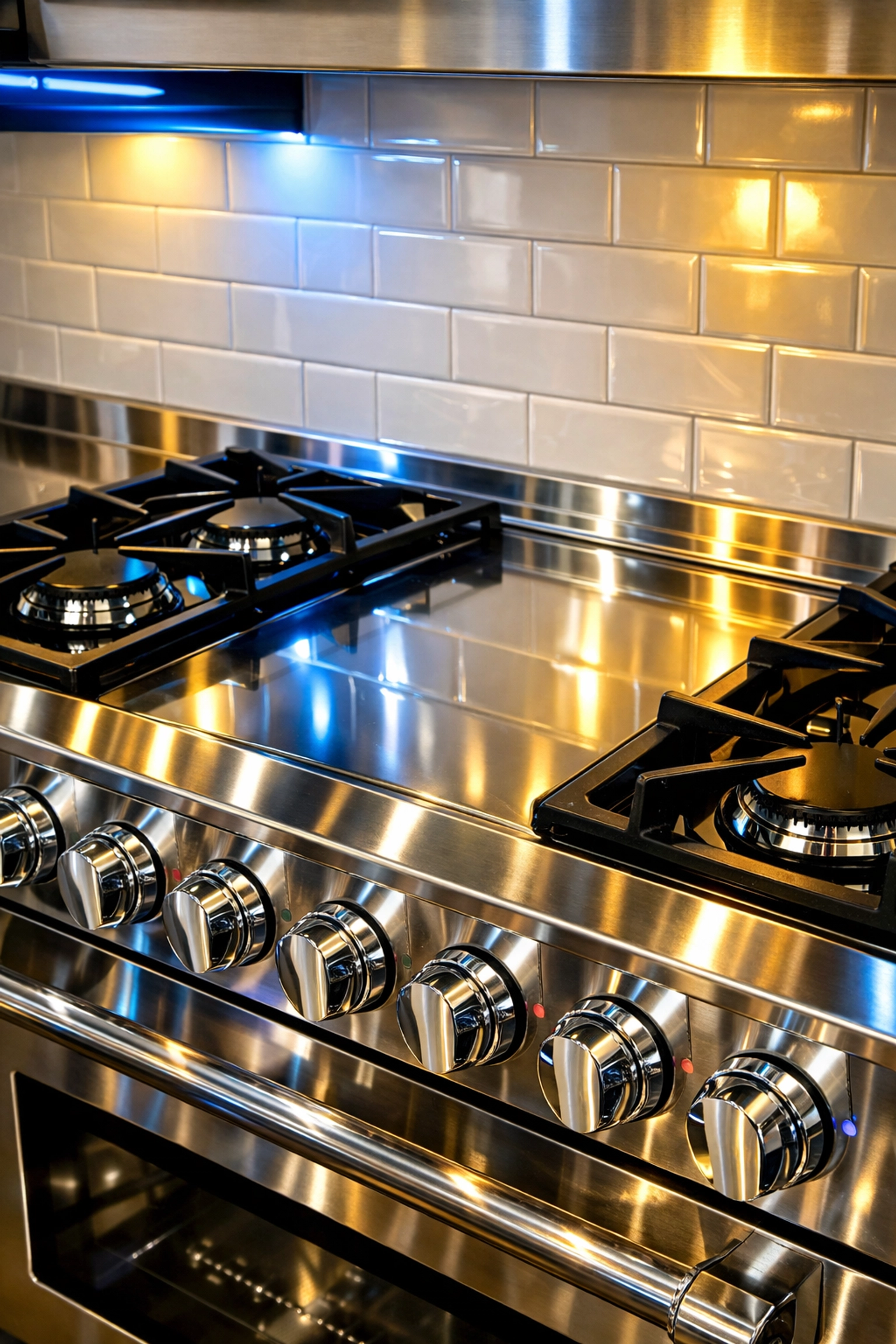 Spotless stainless steel stovetop reflecting a professional deep cleaning service in a luxury kitchen.