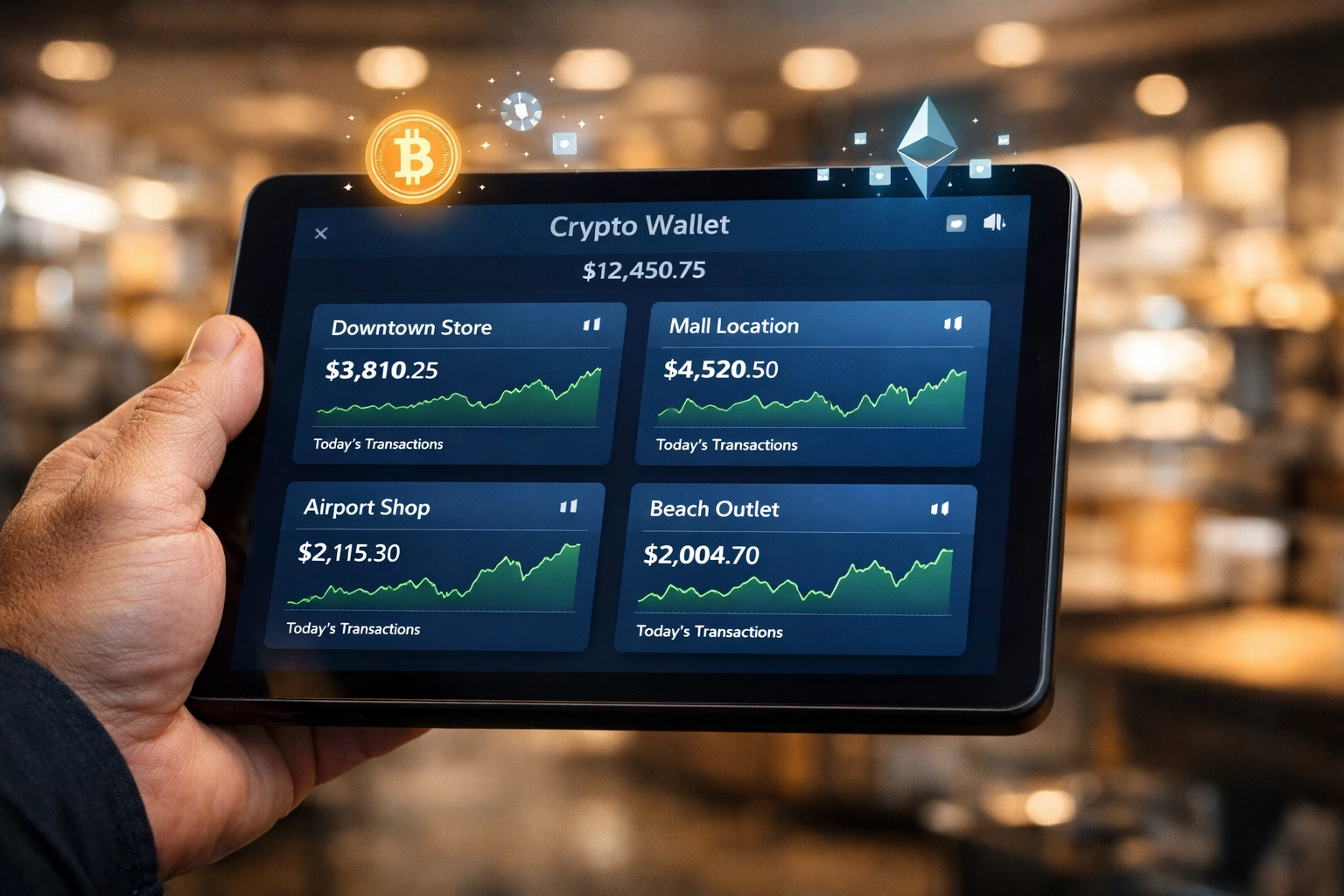 Merchant managing crypto wallet dashboard with sub-wallets for multiple store locations on tablet
