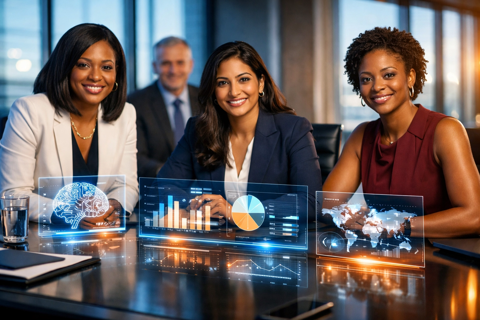 Diverse business leaders collaborating around conference table with AI technology displays