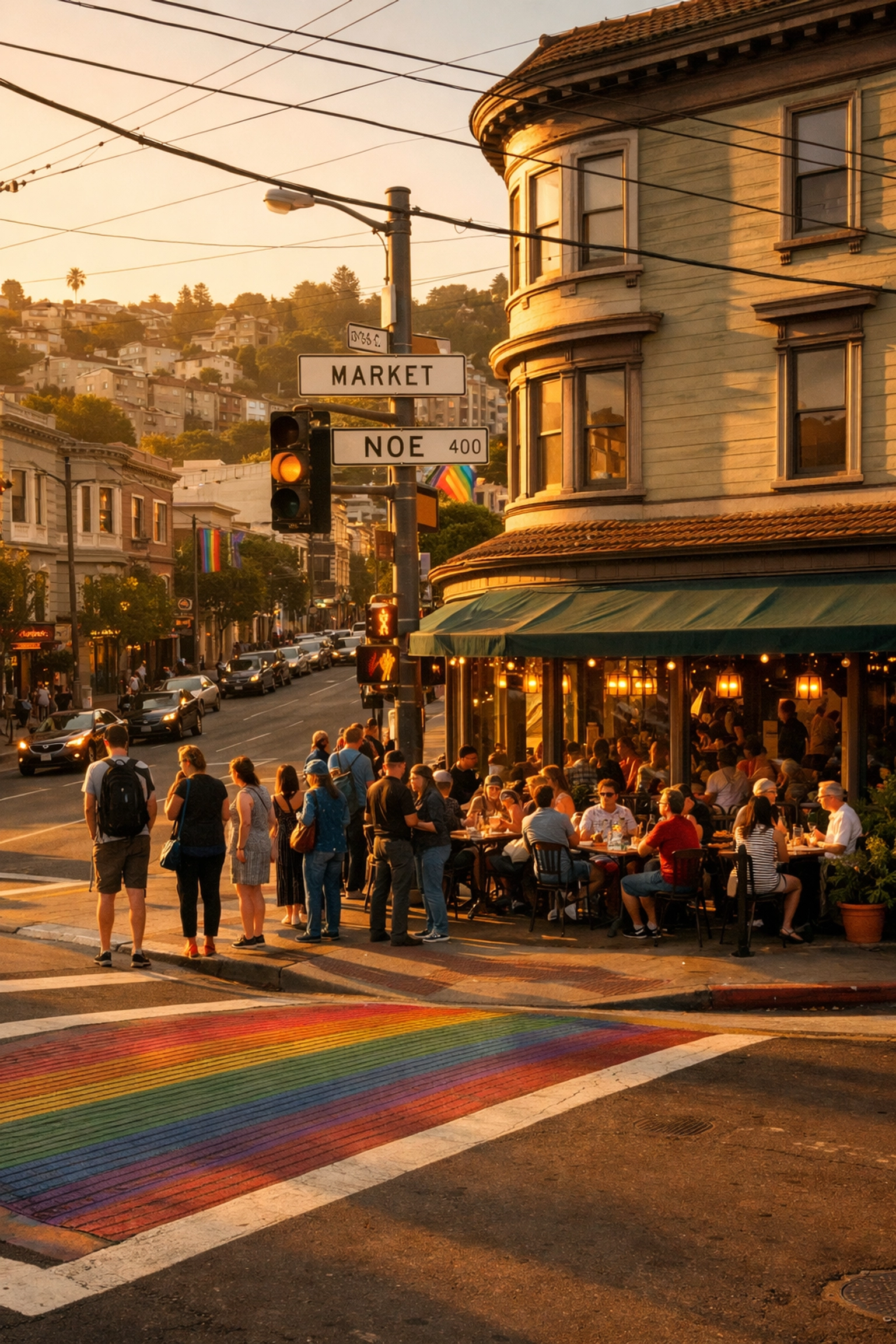 Historic Market and Noe intersection in Castro district where Cafe Flore and Parasol at Flore are located