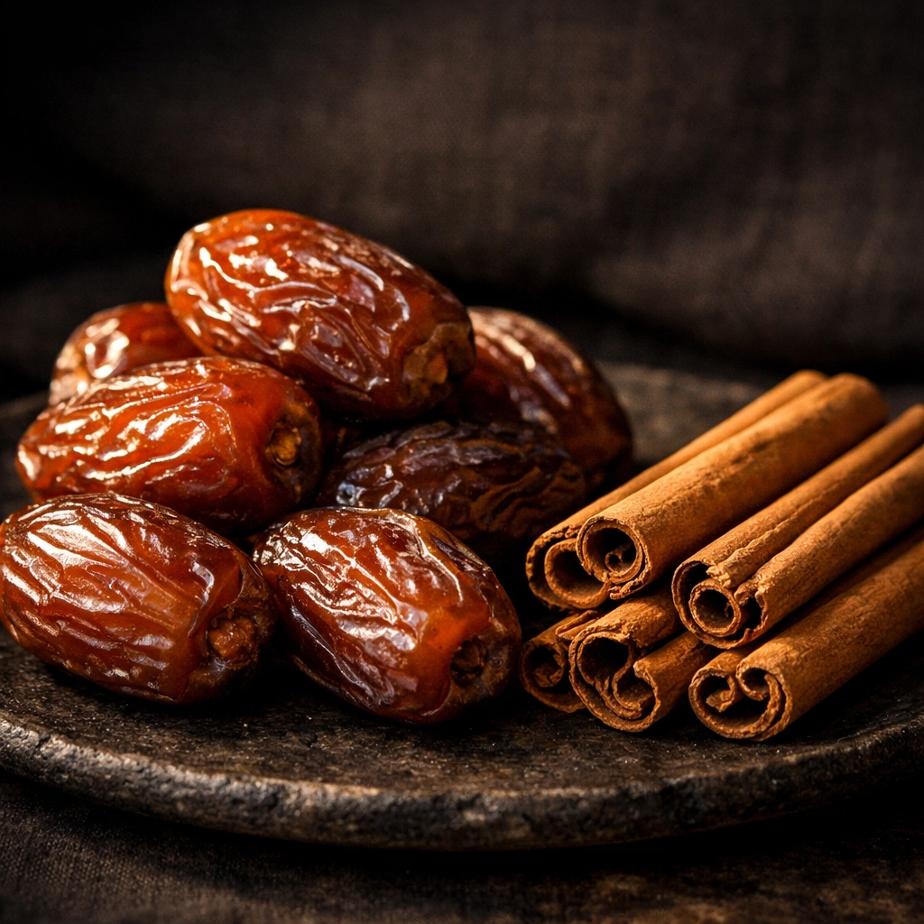 Plump Medjoul dates and Ceylon cinnamon quills on a plate, ideal for a farm-fresh spice gift hamper.