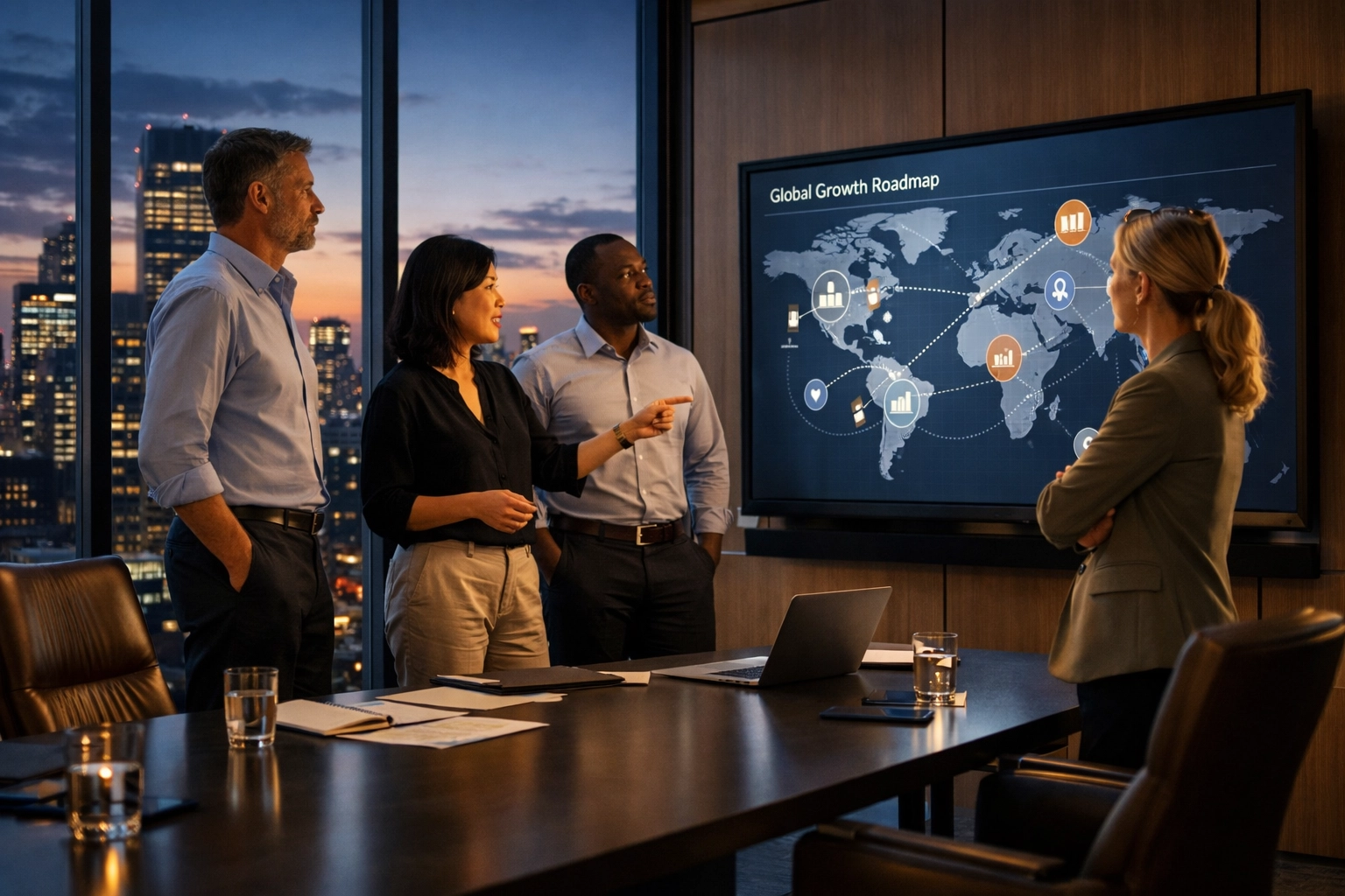 Business professionals discussing global growth strategy and media holding innovation in a corporate office.