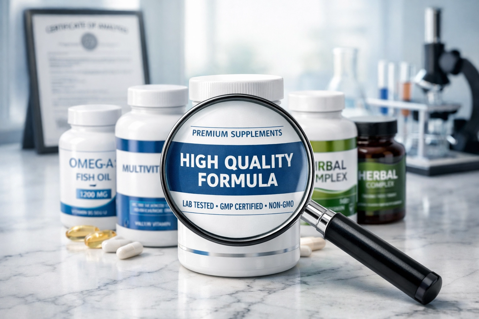 Quality inspection of NMN 300mg supplement with lab testing certificate and magnifying glass