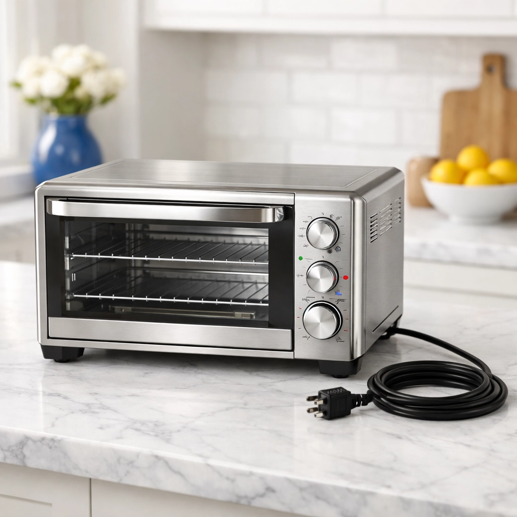 Modern stainless steel toaster oven unplugged on a kitchen counter, prepared for a safe deep clean.