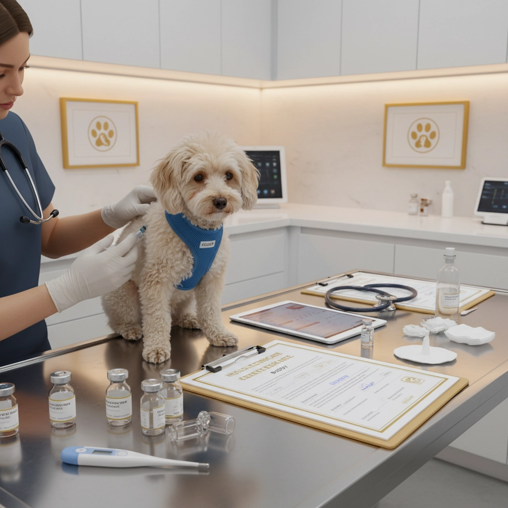 A picture of a room in a veterinarian's office. She has a Poodle mix on her exam table, along with medicine bottles and paperwork. She is in the process of giving the dog a shot. Moving Abroad with Pets