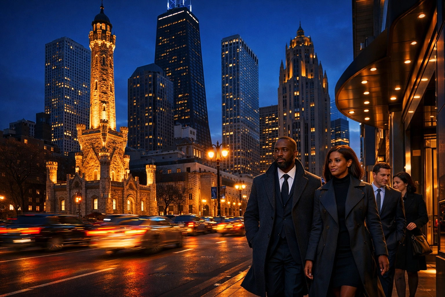 Professionals entering a luxury hotel on Chicago's Magnificent Mile near the historic Water Tower.