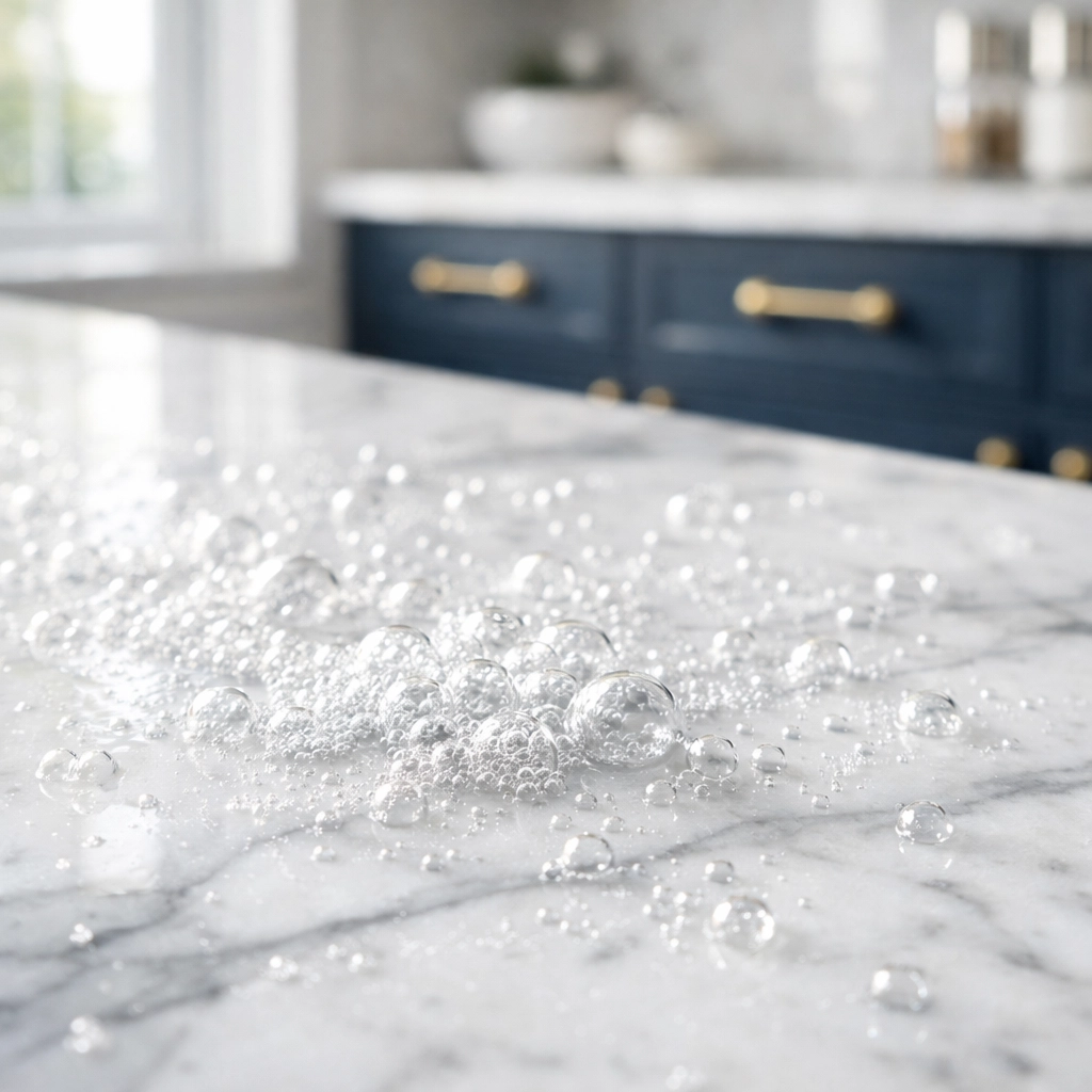Hydrogen peroxide bubbles reacting on a white marble kitchen countertop as a natural disinfectant.