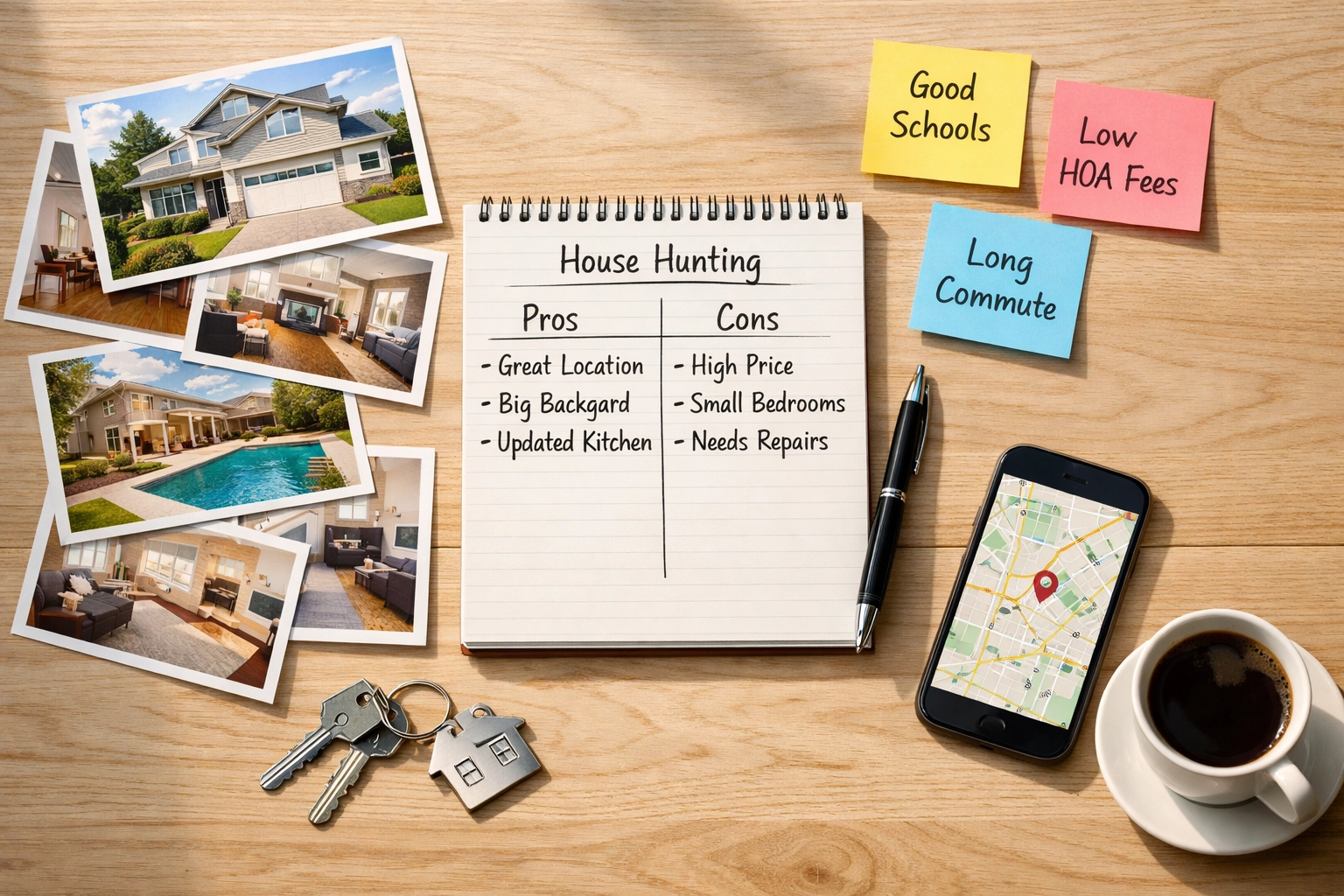 Home buyer's organized workspace with property listings, notes, and planning materials for decision-making