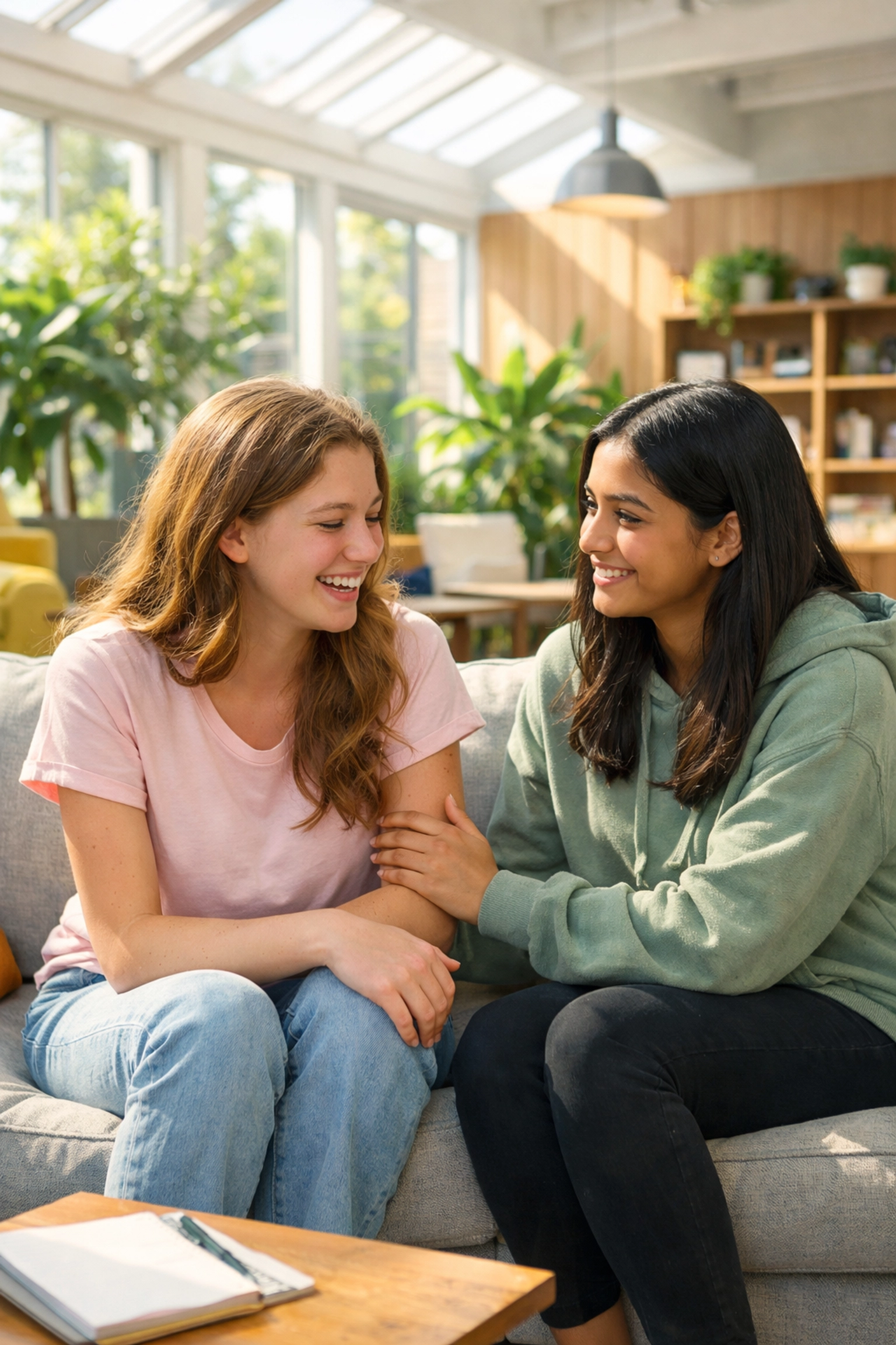 Teenage girls talking in a sunlit common area at a teen residential treatment center for depression.