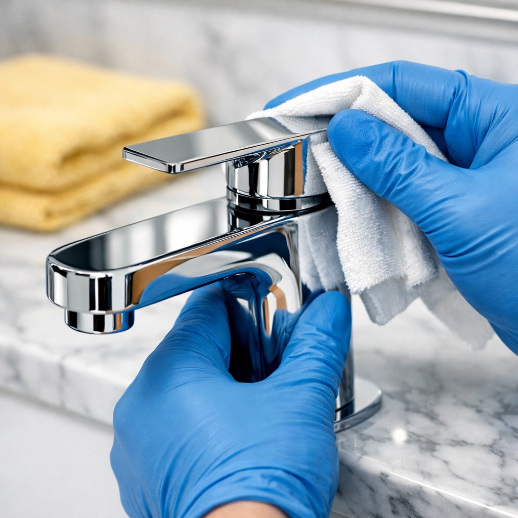 Detail-oriented professional cleaner polishing a chrome faucet for a weekly house cleaning in Athol MA.