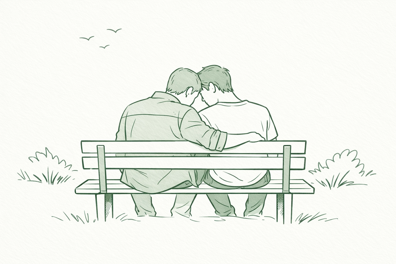 Minimalist illustration of two men sharing a deep emotional connection and supportive bond on a park bench.