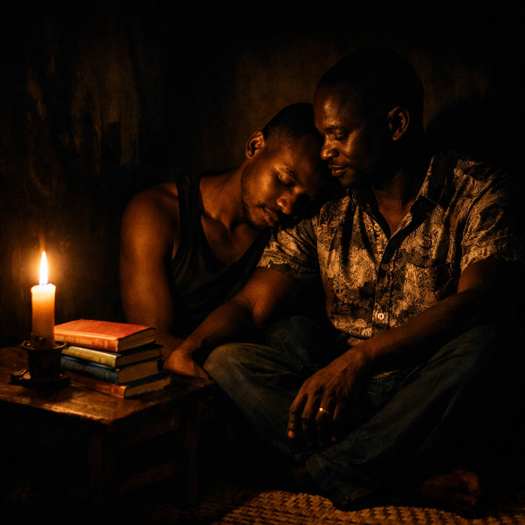 Two men sharing a moment of quiet intimacy in a safe sanctuary surrounded by gay literature and soft light.