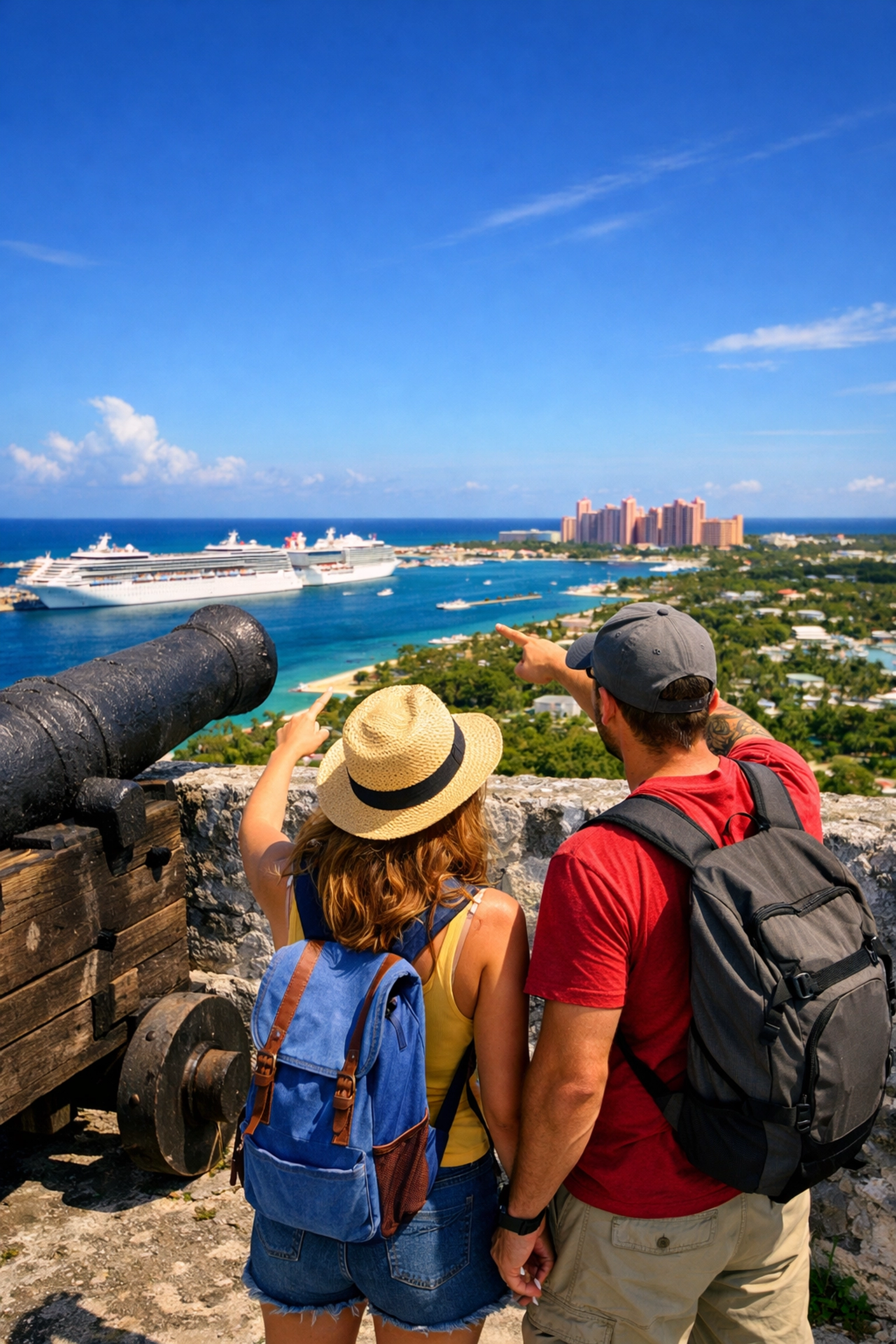 Cruisers viewing the Nassau harbor and Paradise Island from the historic lookout at Fort Fincastle.