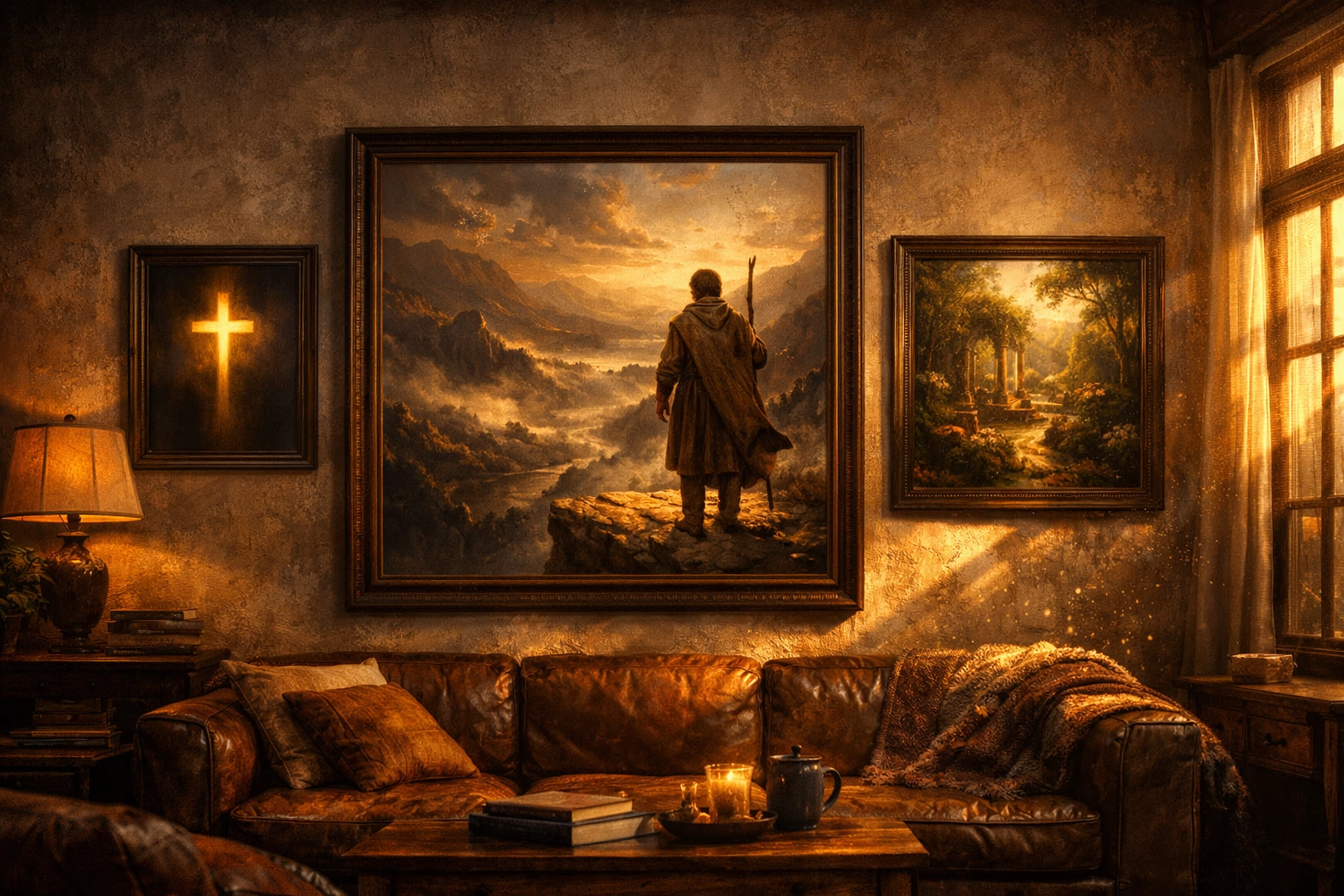 A modern living room gallery featuring Christian wall art and biblical themed home decor.