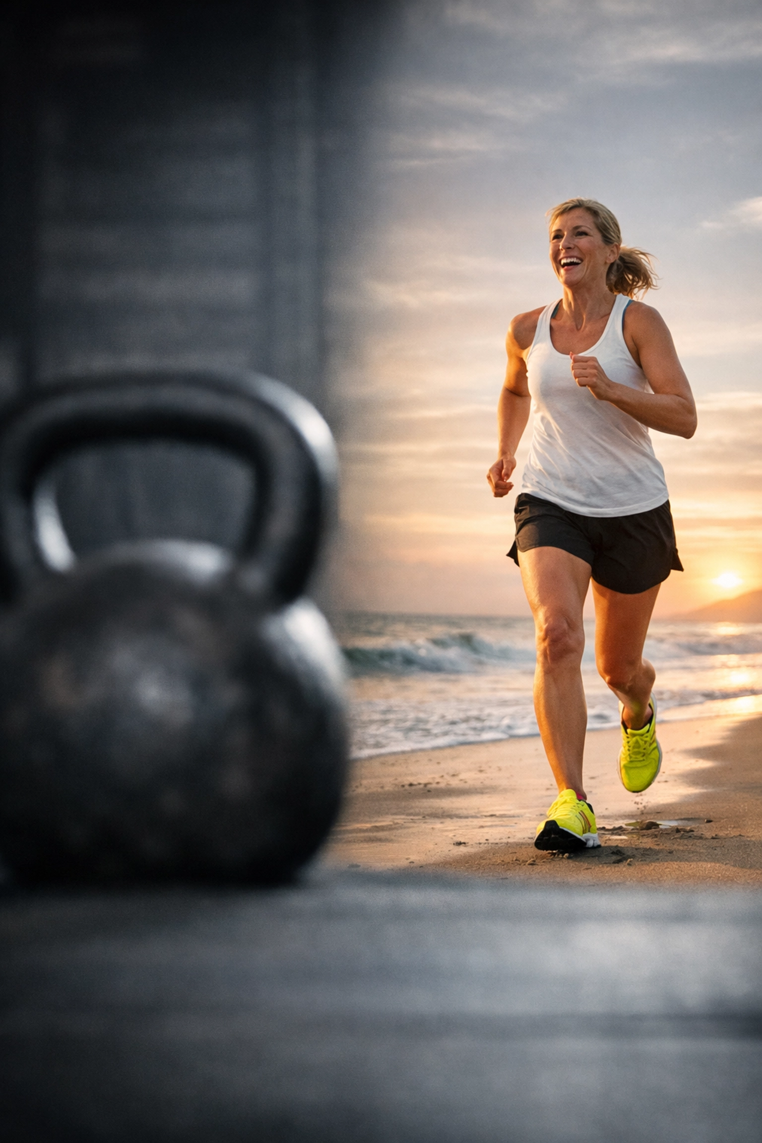 Fitness transformation showing a happy woman running on a beach, focusing on client outcomes.