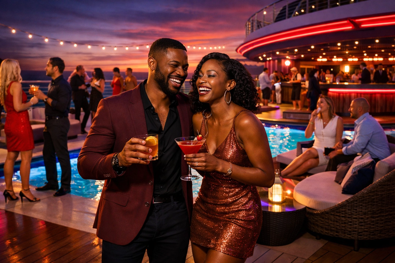 Adults enjoying a sunset deck party organized by an expert Adults Only travel agent for maximum fun.