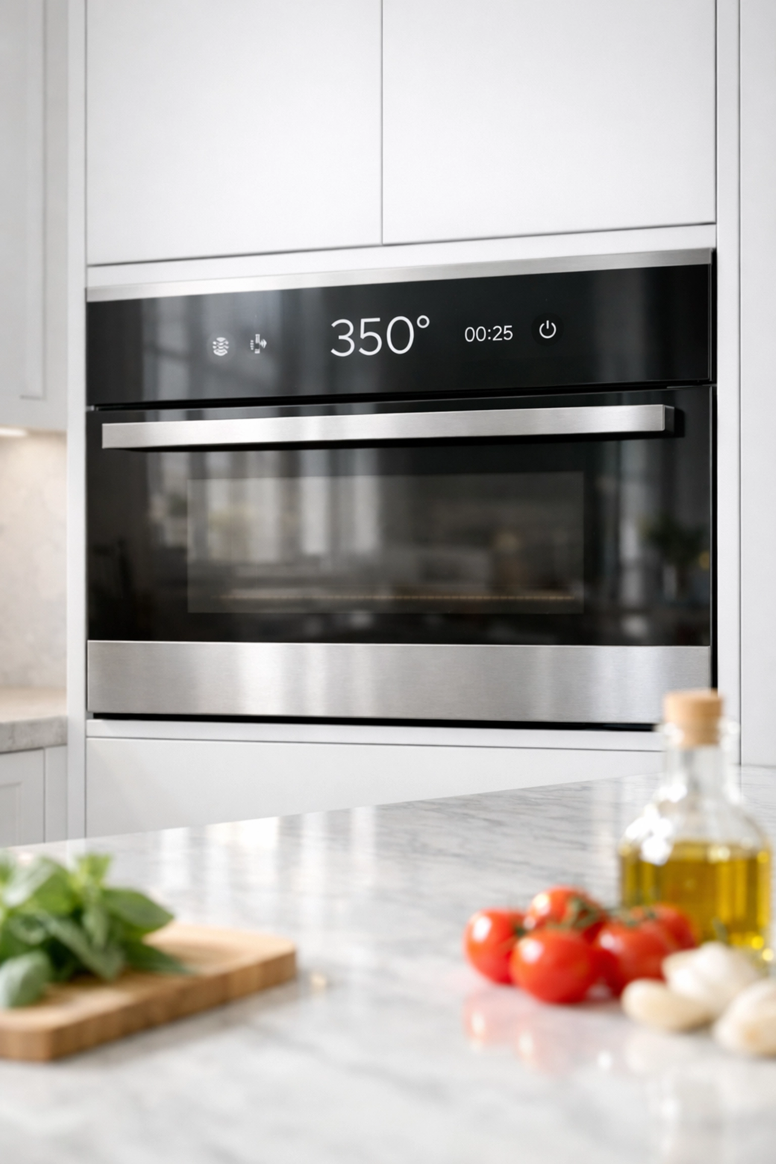 Built-in smart oven with digital controls in an energy-efficient modern kitchen remodel.