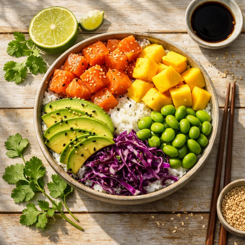 Poke bowl frais au saumon et avocat, l'option idéale pour manger sain à Montpellier le midi.