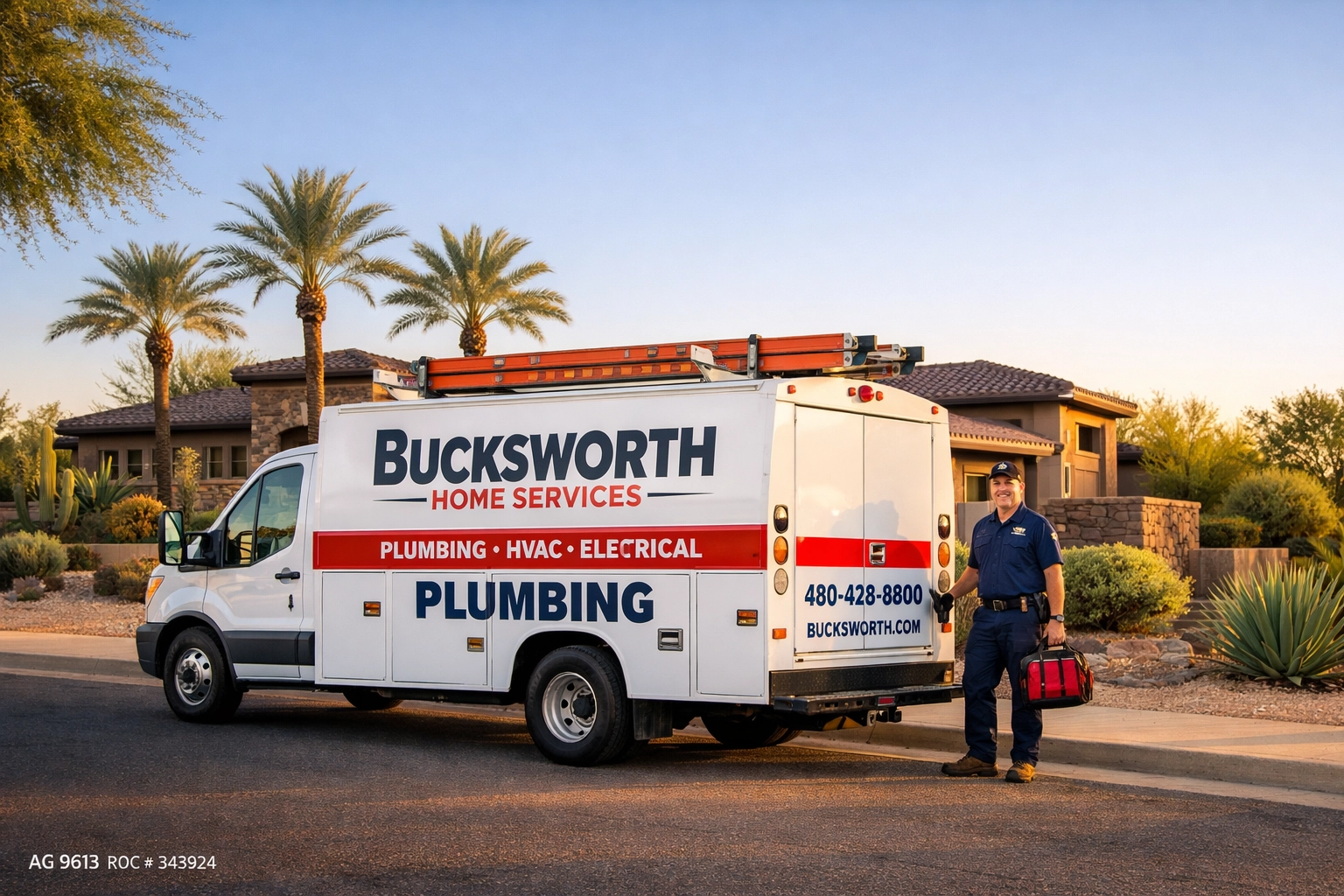 Bucksworth plumbing truck arriving for emergency repairs in the Grayhawk community of Scottsdale, AZ.