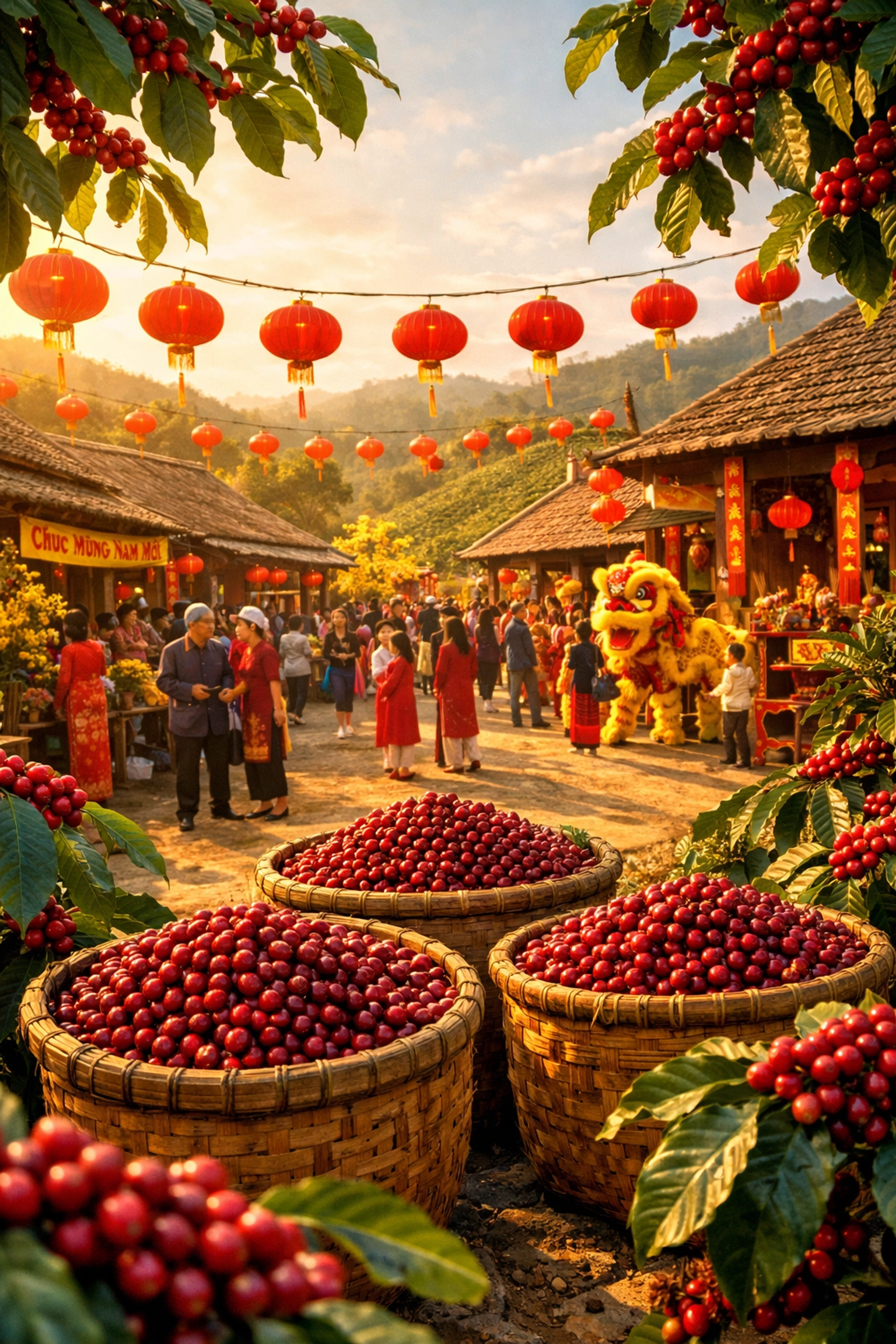 Vietnamese coffee farm celebrating Lunar New Year with traditional red lanterns and coffee cherries