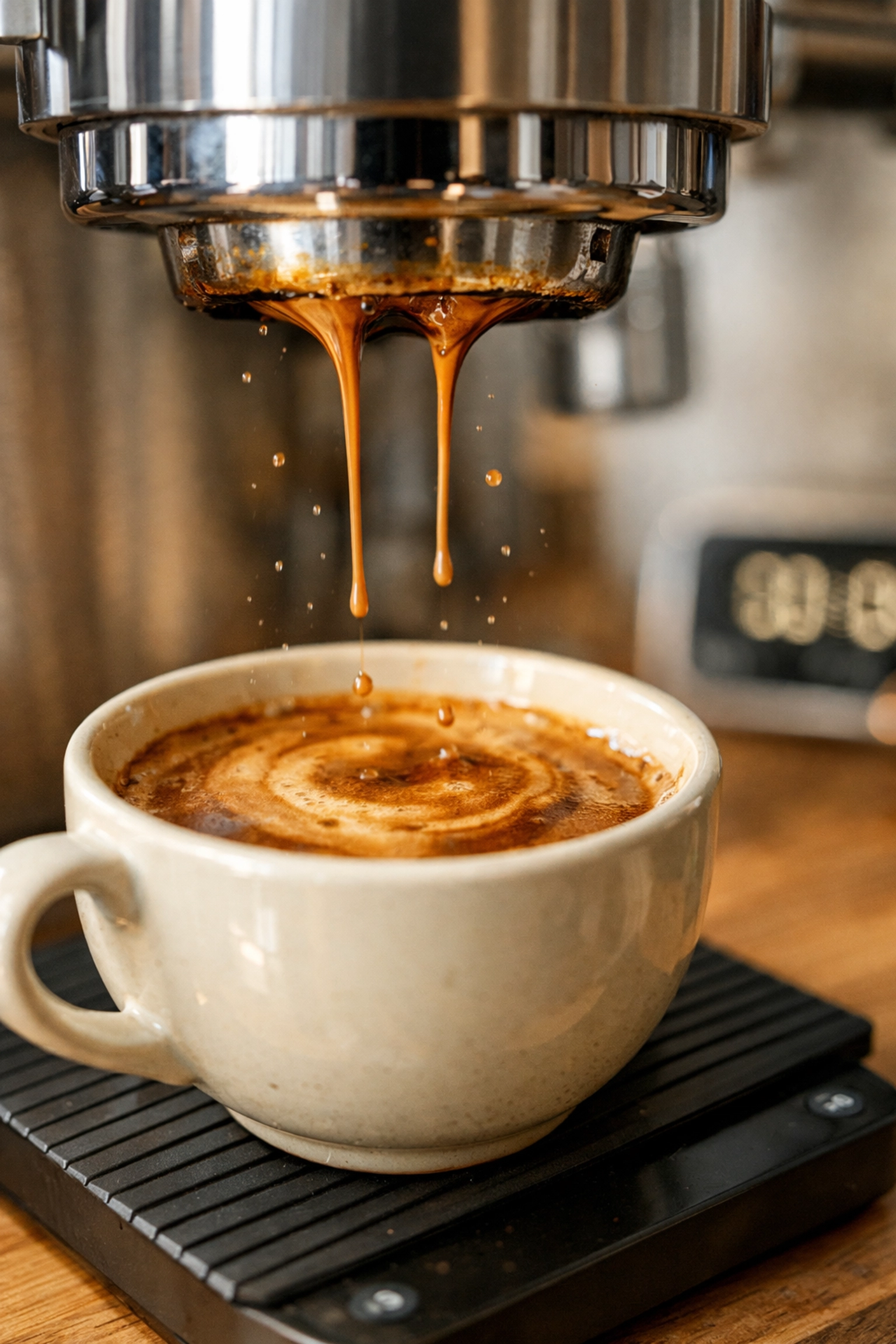Bottomless portafilter pulling espresso with rich crema, showing ideal flow for home brewing