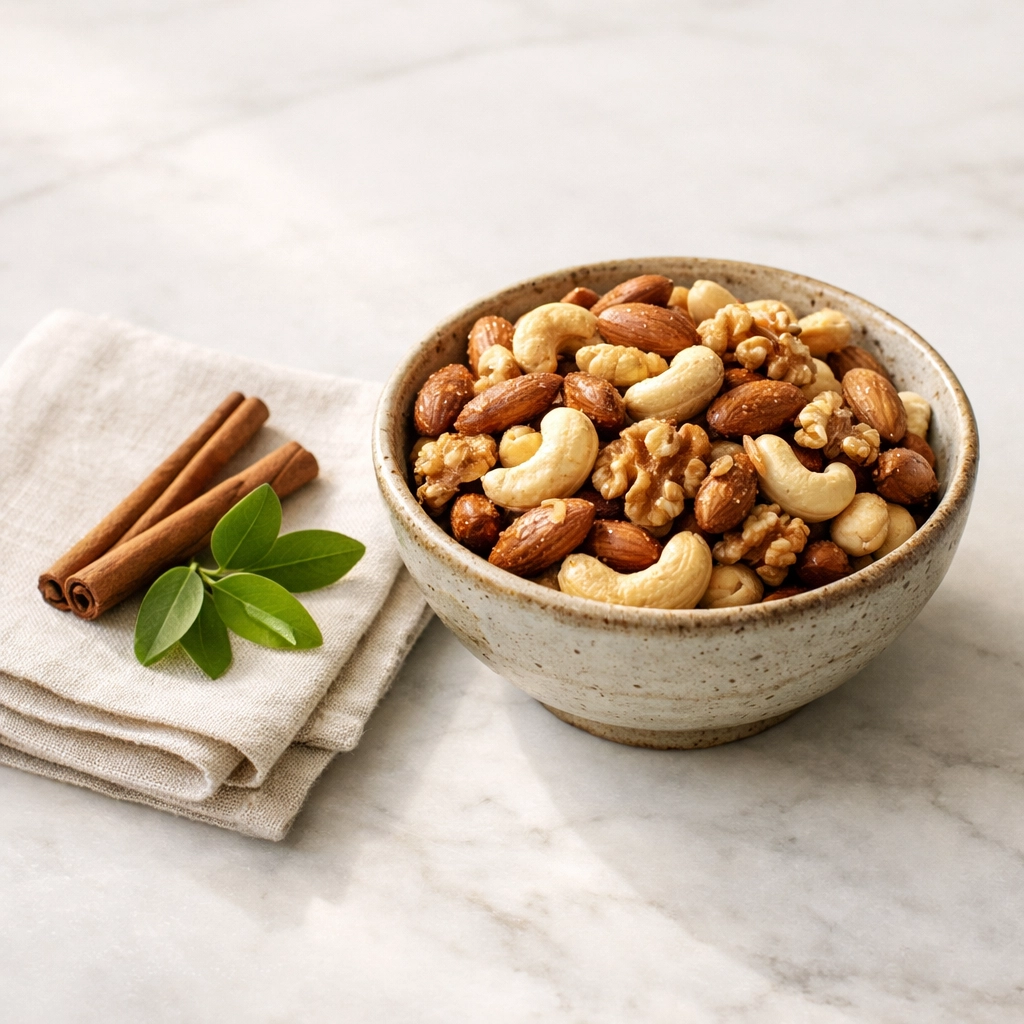 Premium mix of whole almonds, cashews, and walnuts in a ceramic bowl with cinnamon quills.