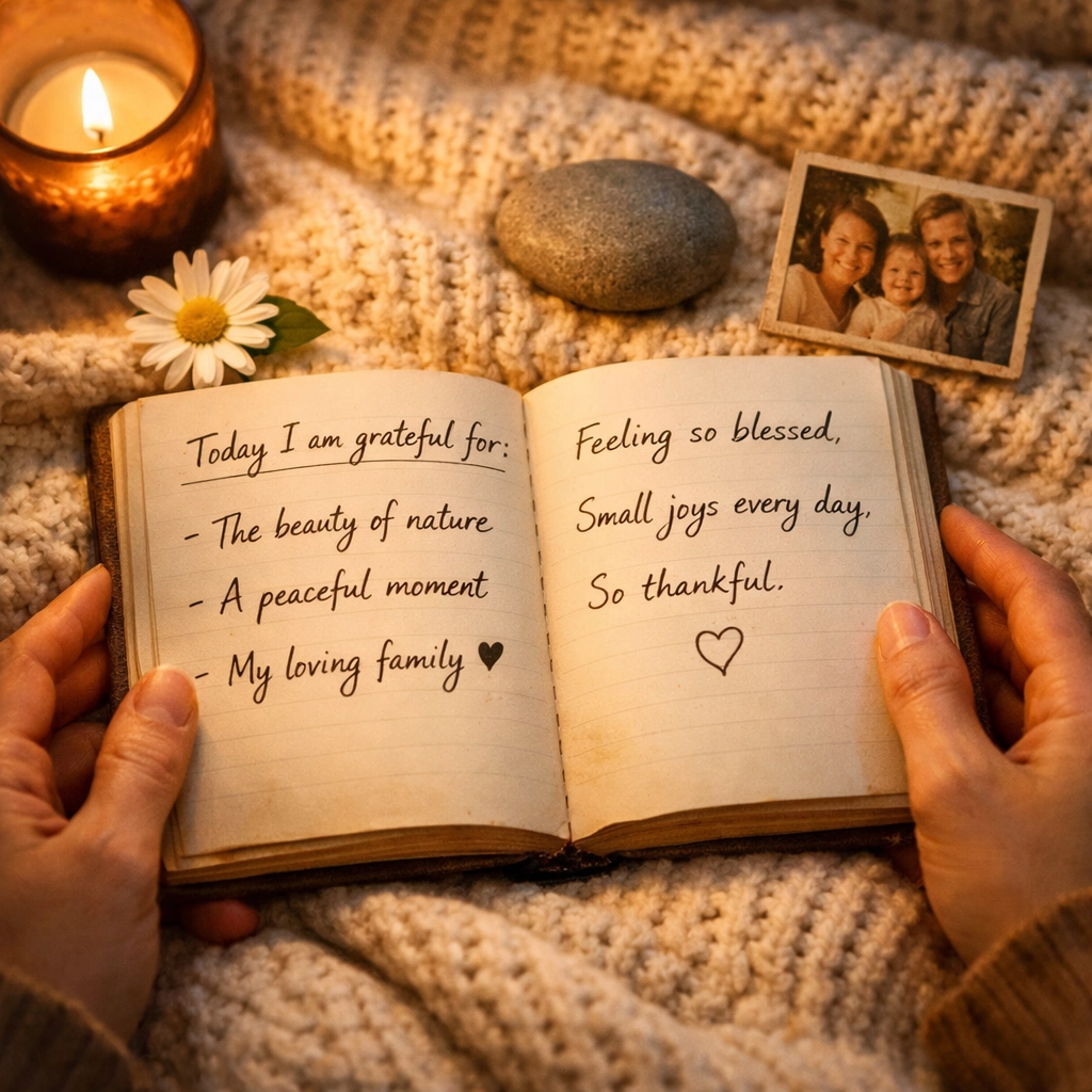 Hands holding gratitude journal with daily blessings for evening faith practice
