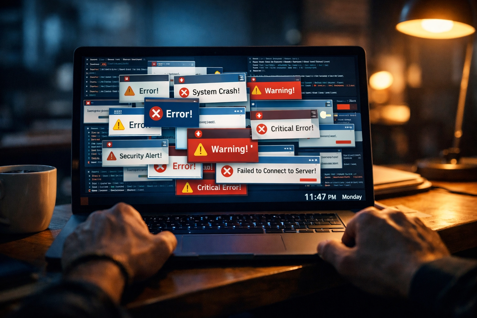 Engineer debugging cascading AI agent errors late at night in production environment