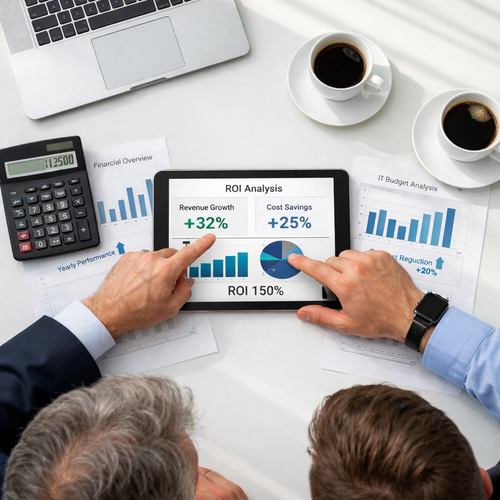 CFO reviewing ServiceNow ROI calculator results and cost reduction financial analysis with IT director