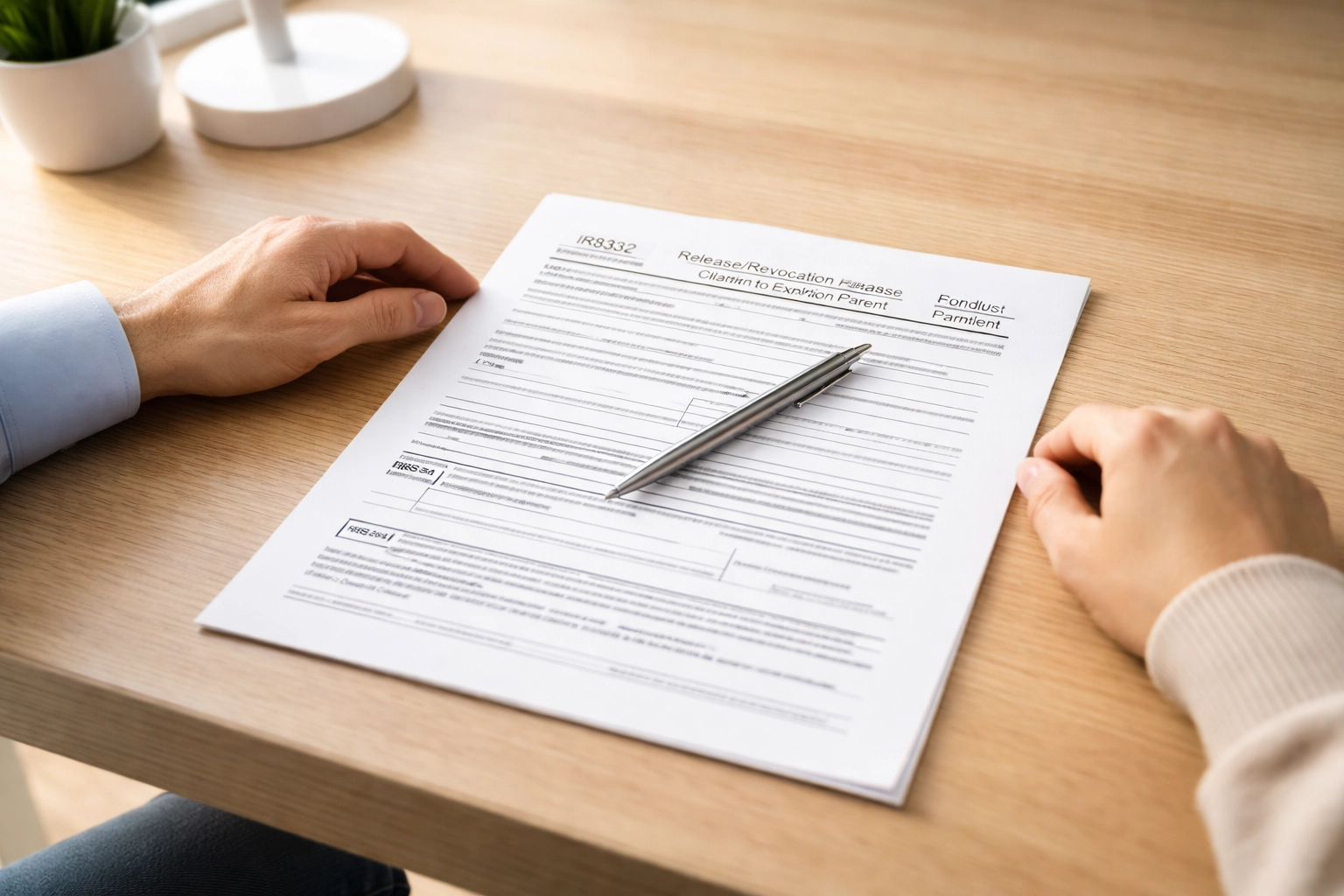 Close-up of IRS Form 8332 being reviewed by two parents, highlighting the process of transferring dependent claims after divorce.