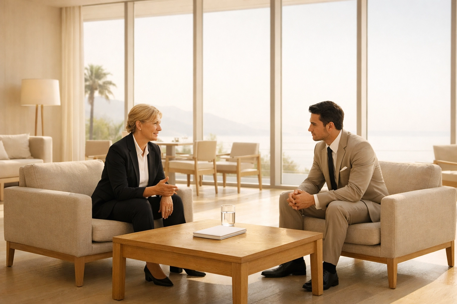 Hospitality mentor and junior colleague sharing knowledge in a modern hotel lounge to build leadership skills.