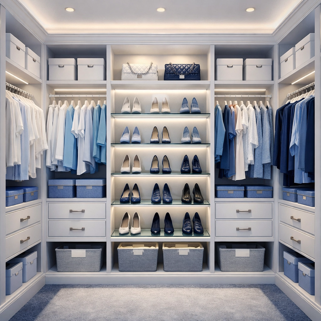 Organized luxury closet with color-coordinated clothing and clean shelving to protect your wardrobe investment.