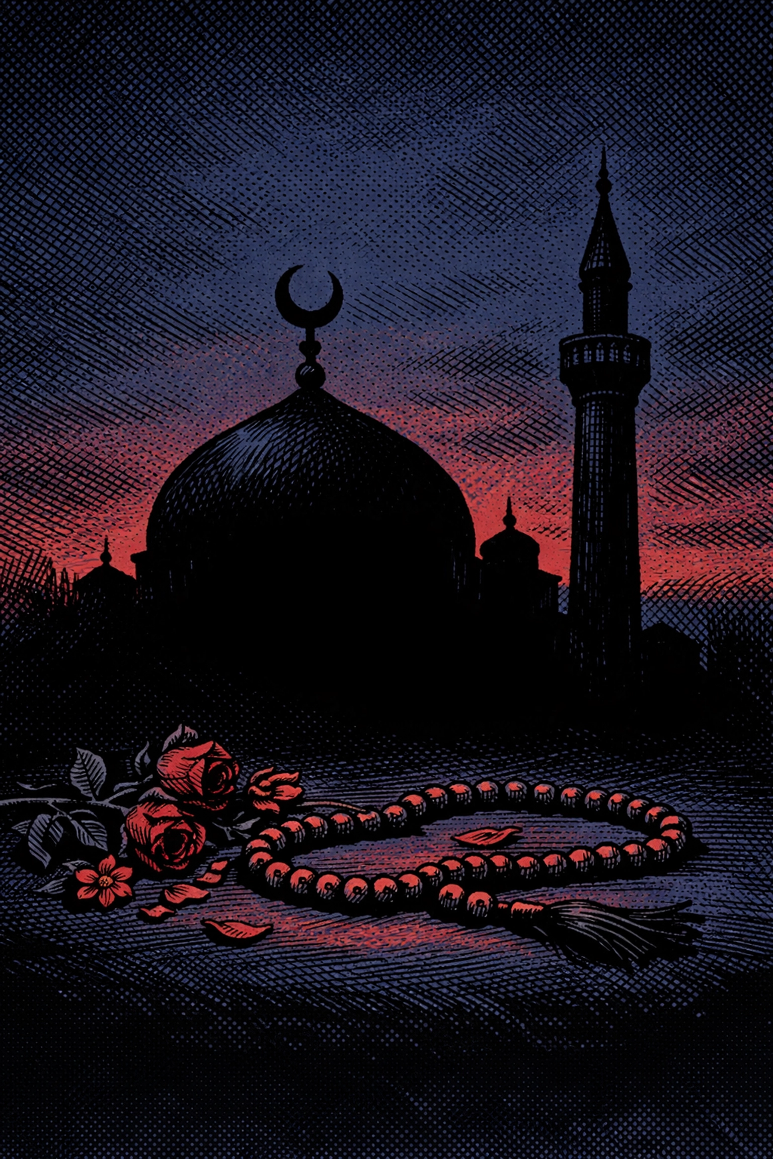 Mosque silhouette with prayer beads memorializing Pakistan bombing victims