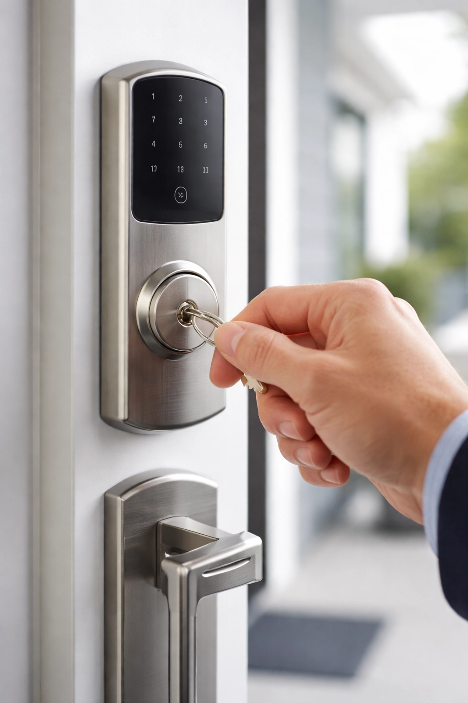 Hand unlocking a smart door lock with a physical key, showing manual backup during power outages