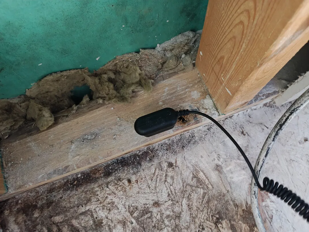 Moisture meter testing a damaged wall